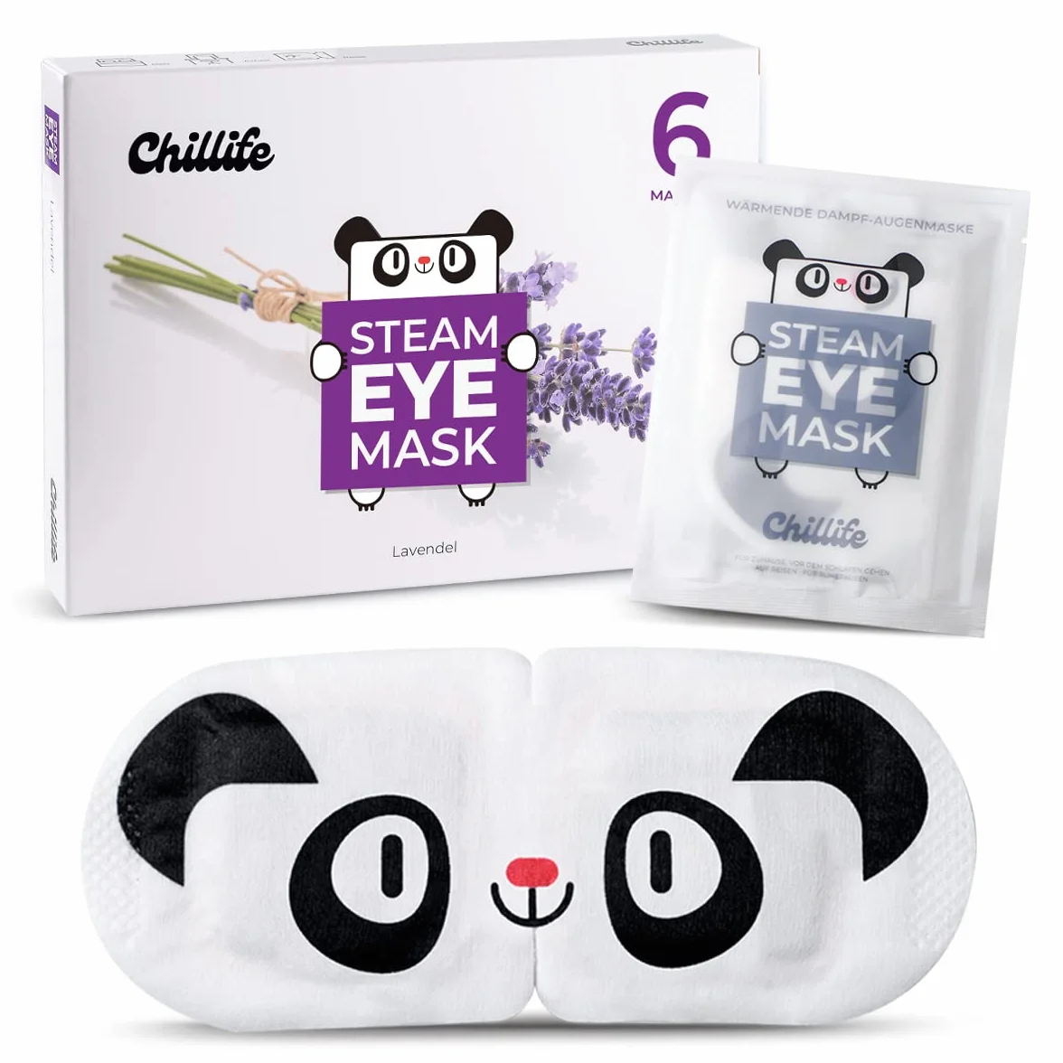 Chillife 6 maseczek na oczy o zapachu lawendy I rozgrzewająca maska na oczy do relaksu, spa, wellness, pomaga przy suchych, opuchniętych oczach i ciemnościach, maska na oczy ze wzorem panda
