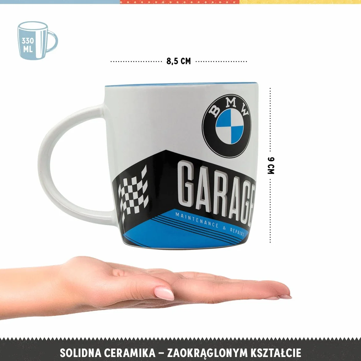 Nostalgic-Art Retro kubek, 330 ml, BMW – Garage – Pomysł na prezent dla miłośników akcesoriów BMW, Official License Product (OLP), kubek ceramiczny na kawę, Styl vintage
