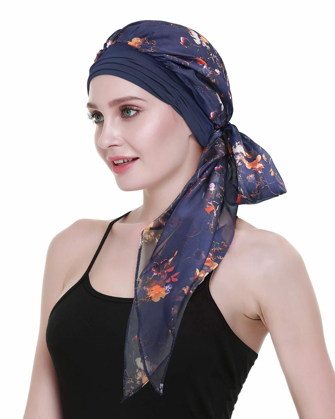 FocusCare chemo turban nakrycie głowy dla kobiet po chemioterapii chorych na raka, granatowy żółty, jeden rozmiar