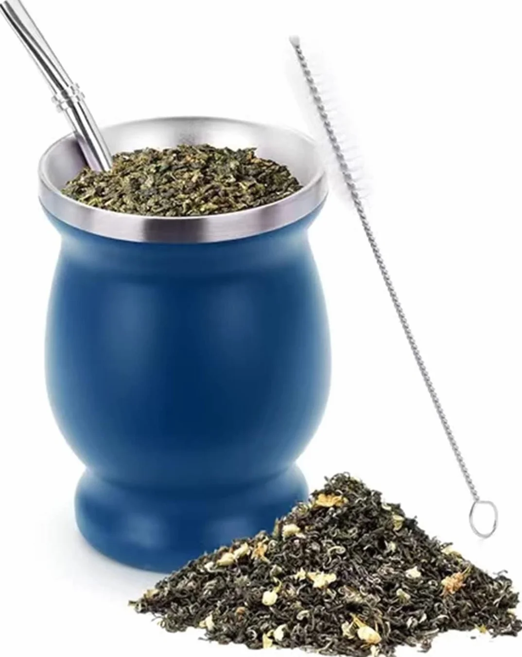 Yerba Mate Cup Bombilla zestaw | 237 ml tykwa Yerba Mate | bombilla ze stali nierdzewnej srebrna zakrzywiona słomka bombilla i szczotka do czyszczenia, łatwa w czyszczeniu, tykwa Yerba Mate (niebieska)