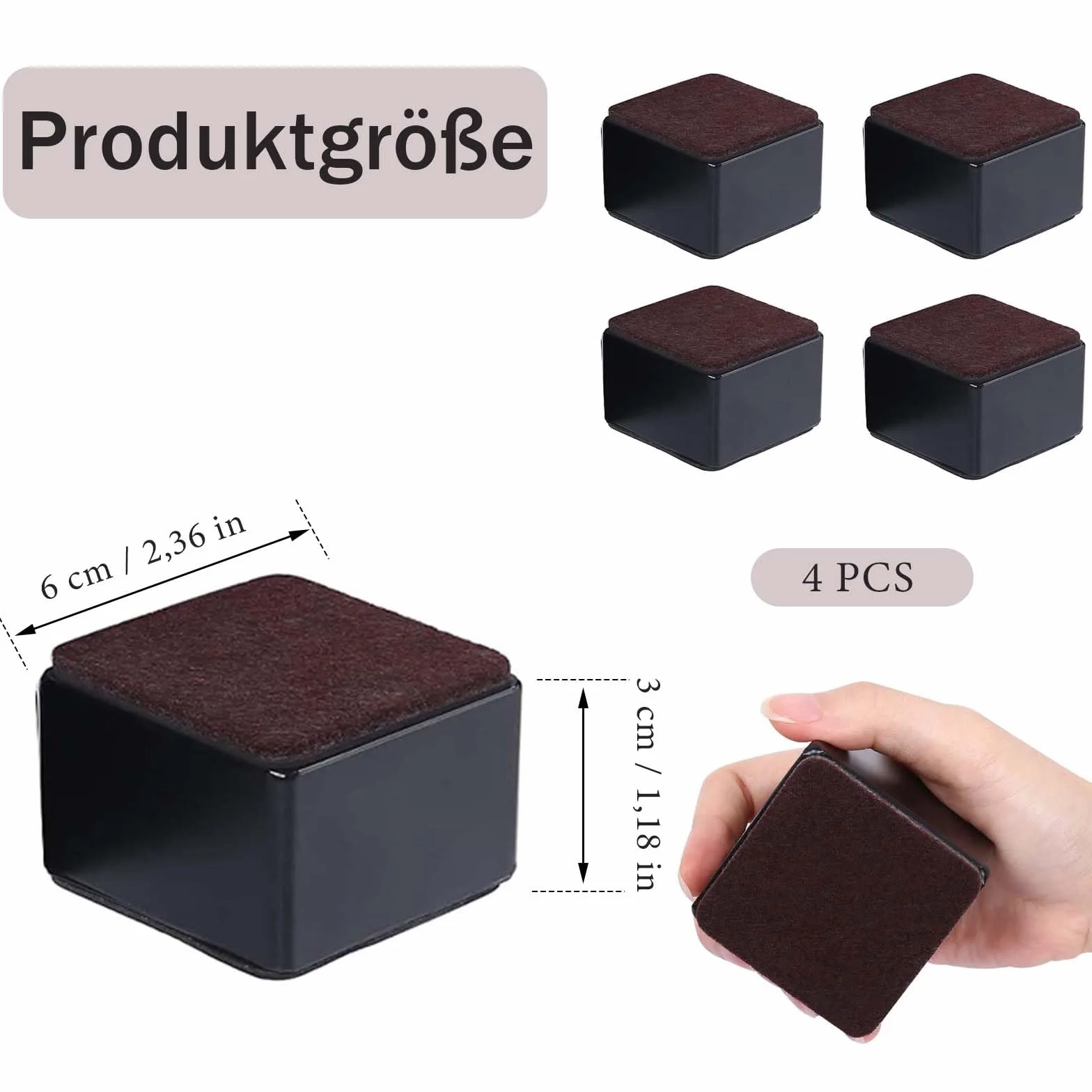 Podwyższenie meblowe ze stali węglowej, 4 sztuki, samoprzylepne podwyższenie mebli, podwyższanie stołu, średnica 6 cm, dodaje 3 cm wysokości do łóżka, szafy, kwadratu, kolor czarny
