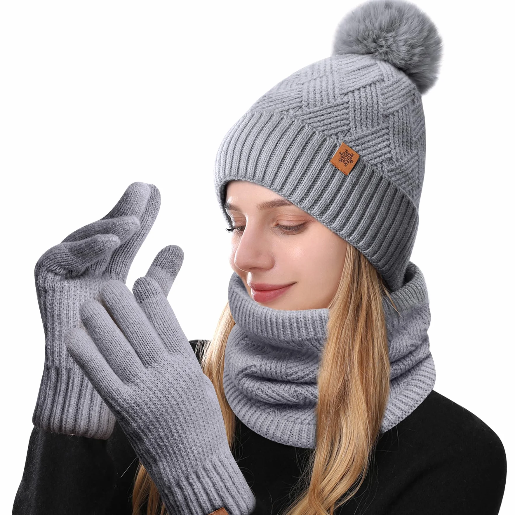 Czapka, szary, jeden rozmiar, Zestaw zimowy 3 w 1 beanie, Damska zimowa czapka beanie, szalik, rękawiczki do ekranów dotykowych, czapka zimowa, rękawiczki zimowe, szal