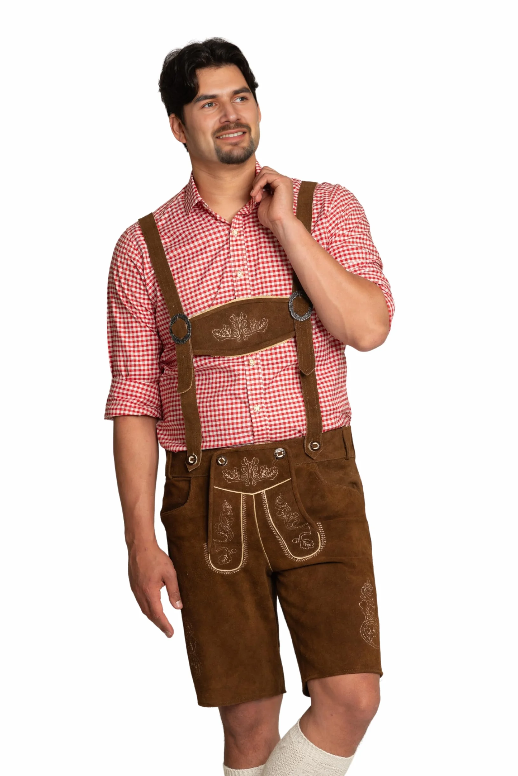 Tannhauser Krótkie skórzane spodnie Flachau z szelkami 100% skóra bydlęca ciemnobrązowe prawdziwe skórzane spodnie męskie na Oktoberfest - rozmiar XS do 5XL