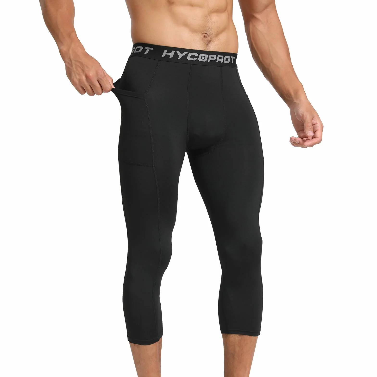 HYCOPROT Męskie Spodnie Kompresyjne 3/4 z Kieszeniami Bieganie Trening Sportowy Rajstopy Capri Legginsy Base Layer Koszykówka Siłownia
