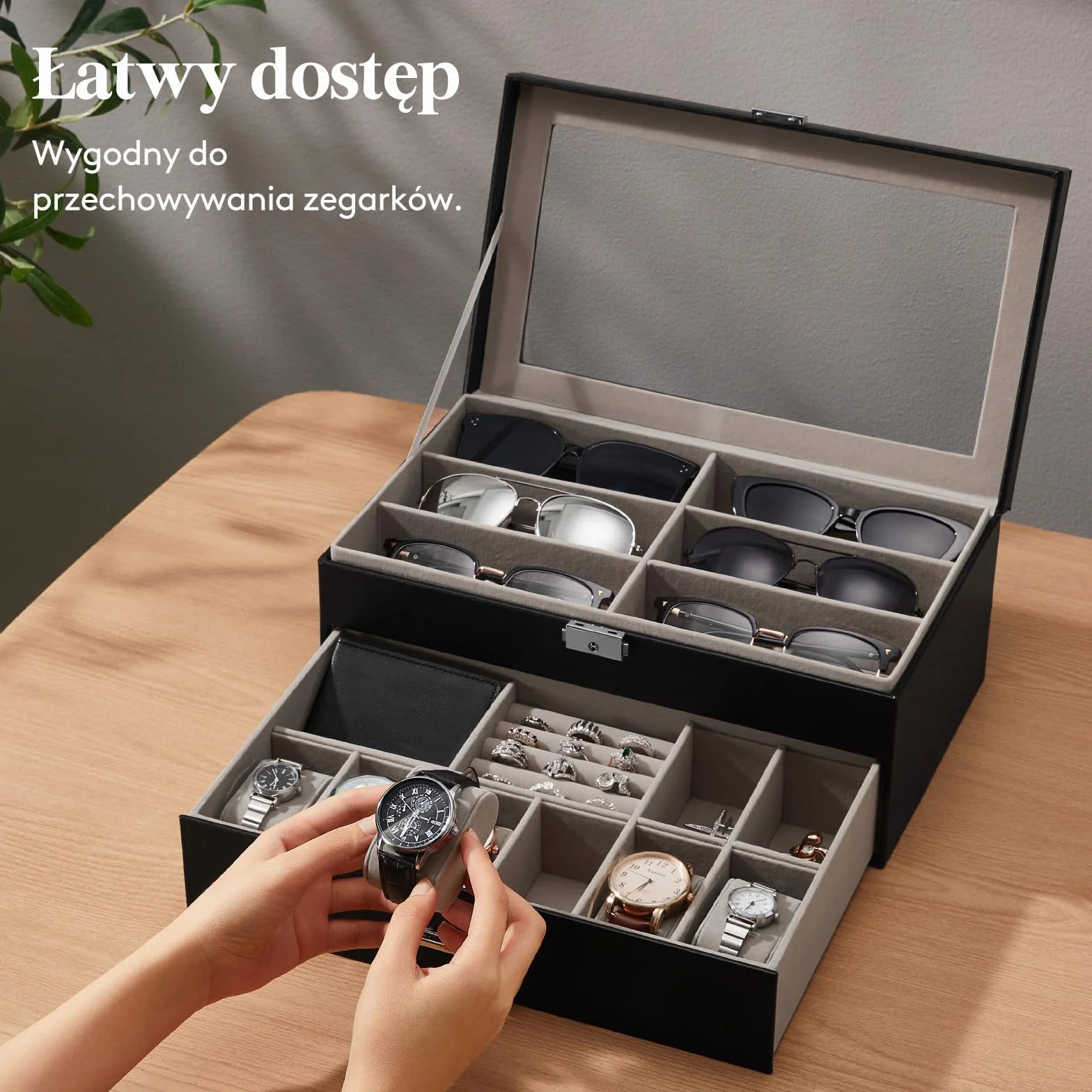 Lifewit 2-Warstwowy Organizer na Okulary Przeciwsłoneczne ze Szklaną Pokrywką, 6 Miejsc na Okulary, 6 Miejsc na Zegarki, Miejsca na Pierścionki/Broszki/Spinki do Krawatów dla Mężczyzny, Czarny