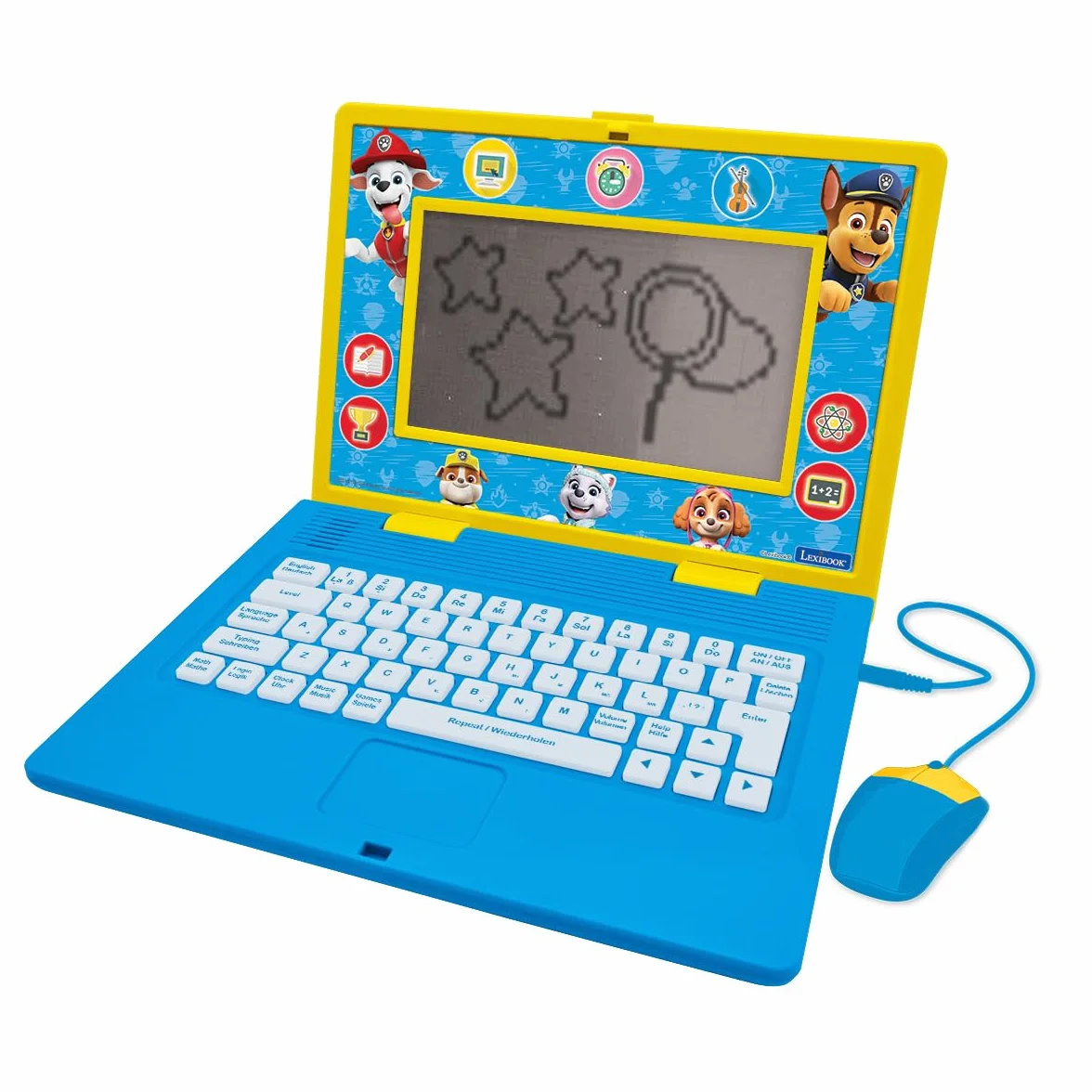 Lexibook, Psi Patrol, Dwujęzyczny i Edukacyjny Laptop w Języku Niemieckim, Angielskim, Zabawka dla Dzieci, 170 Aktywności do Nauki, Gier i Muzyki, Duży Ekran, Niebieski, Żółty, JC599PAi3