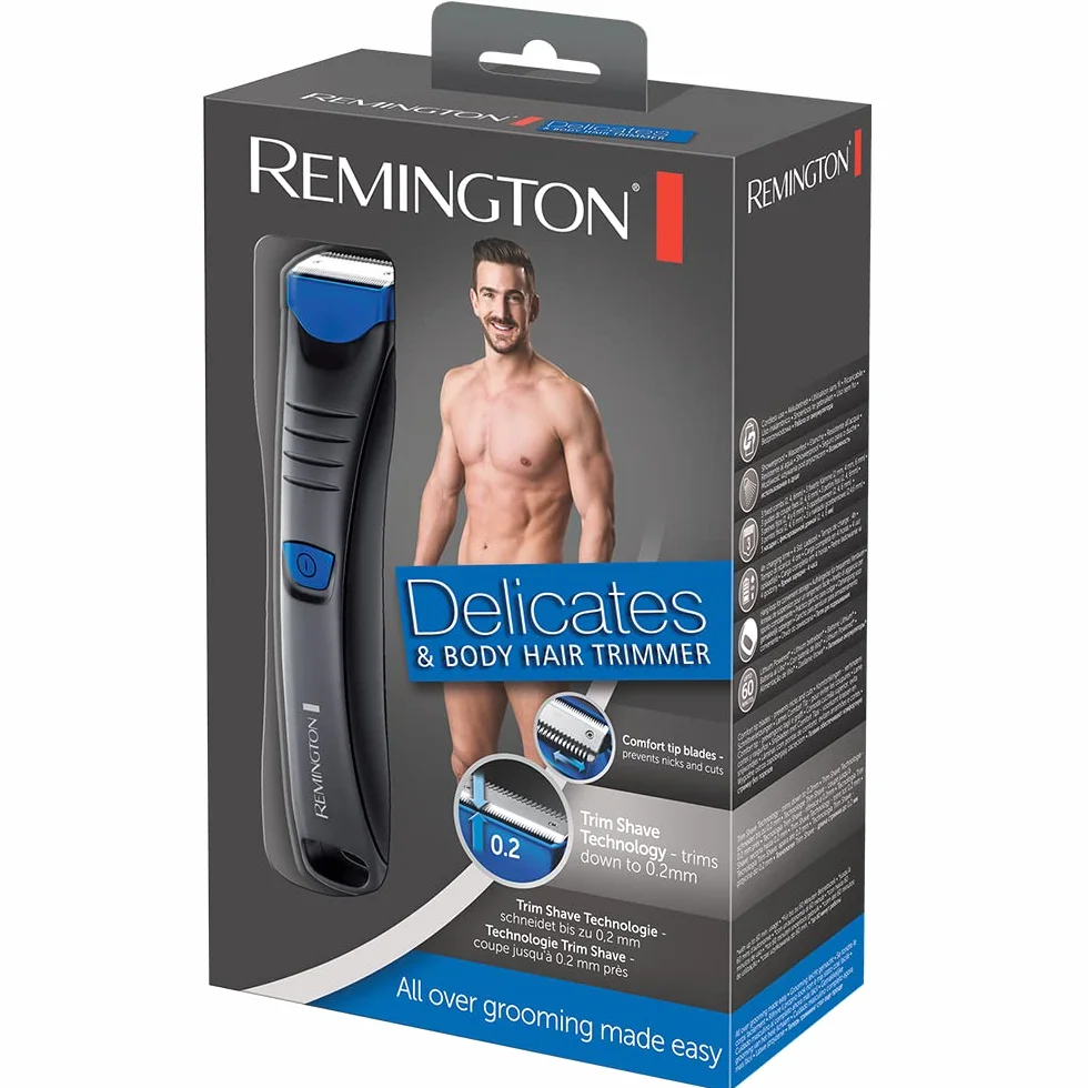 Remington trymer do ciała i miejsc intymnych, kompaktowy, ostrza ze stali nierdzewnej, wodoodporny, 3 stałe grzebienie 2-6mm, do 60 min. bezprzewodowej pracy, czarny, Delicates&Body Hair BHT250