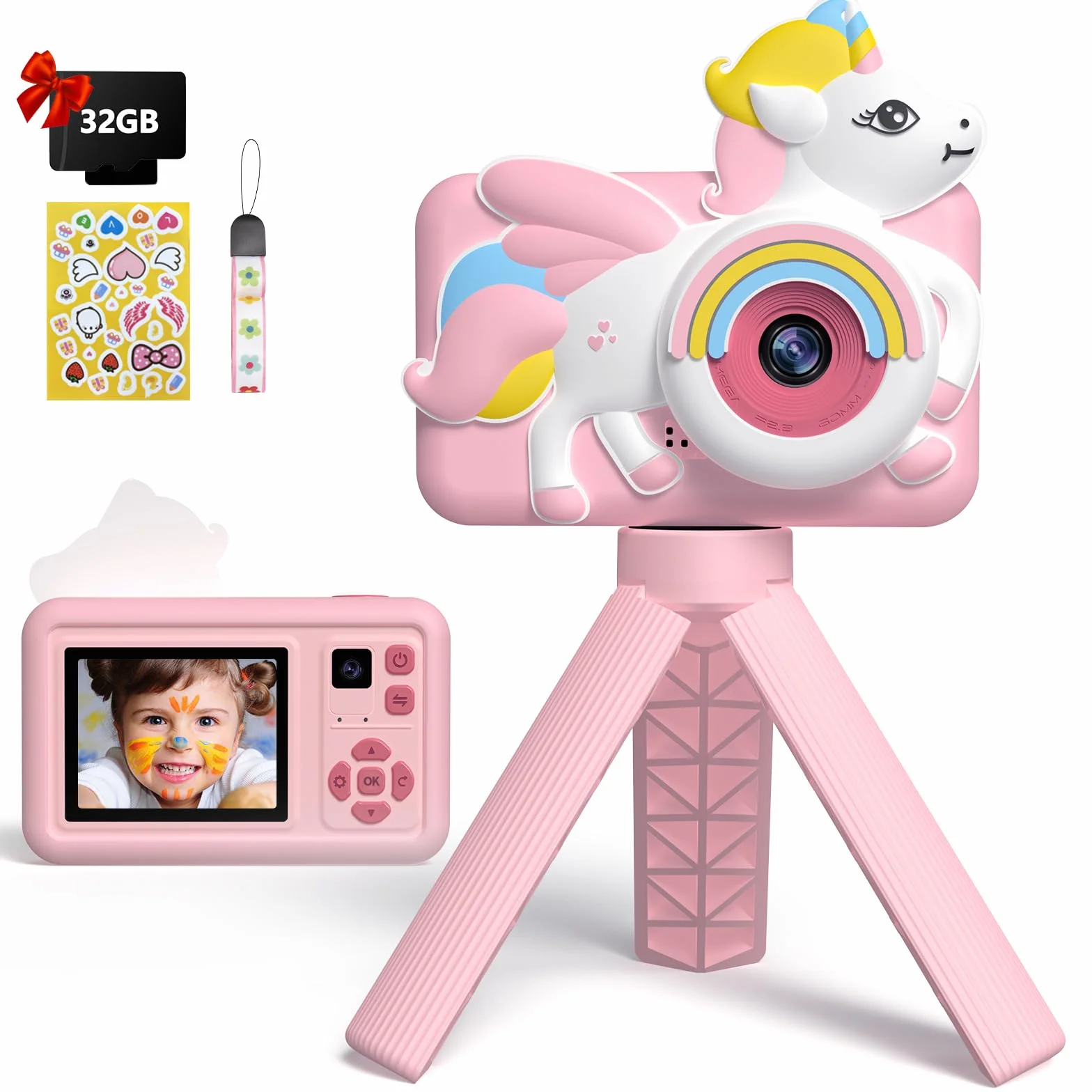Aparat dla dzieci, jednorożec, 1080p, wyświetlacz 2,0", aparat cyfrowy ze statywem, karta 32 GB, aparat fotograficzny dla dzieci, prezent dla dziewczynek od 3 lat i zabawka urodzinowa, różowa