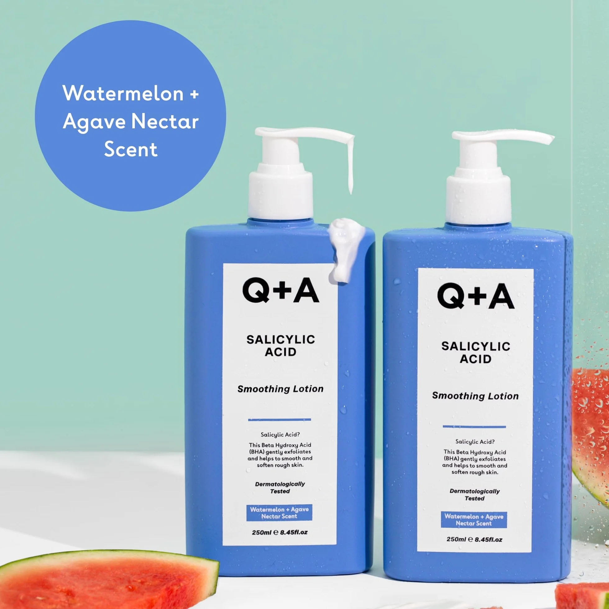 Q+A Balsam do ciała wygładzający z kwasem salicylowym (250ml), balsam do ciała z zapachami arbuza i agawy, alternatywa dla masła do ciała, wygładza szorstką, grudkowatą skórę, usuwa przebarwienia i