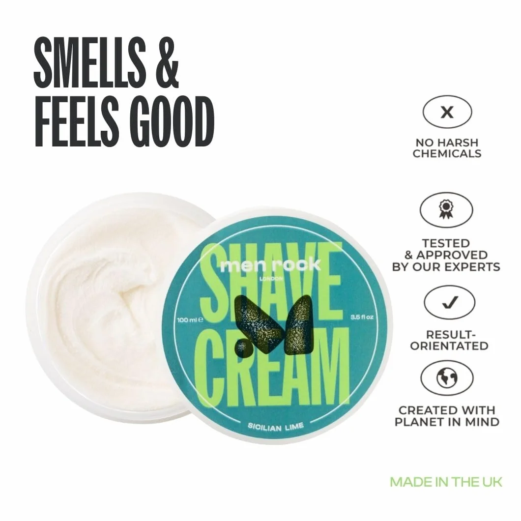 Men Rock Sicilian Lime Shave Cream for a Classy Wet Shaving Experience, Deeply Hydrates and Nourishes Skin, Zesty Sicilian Lime and Spicy Black Pepper Fragrance 100ml
