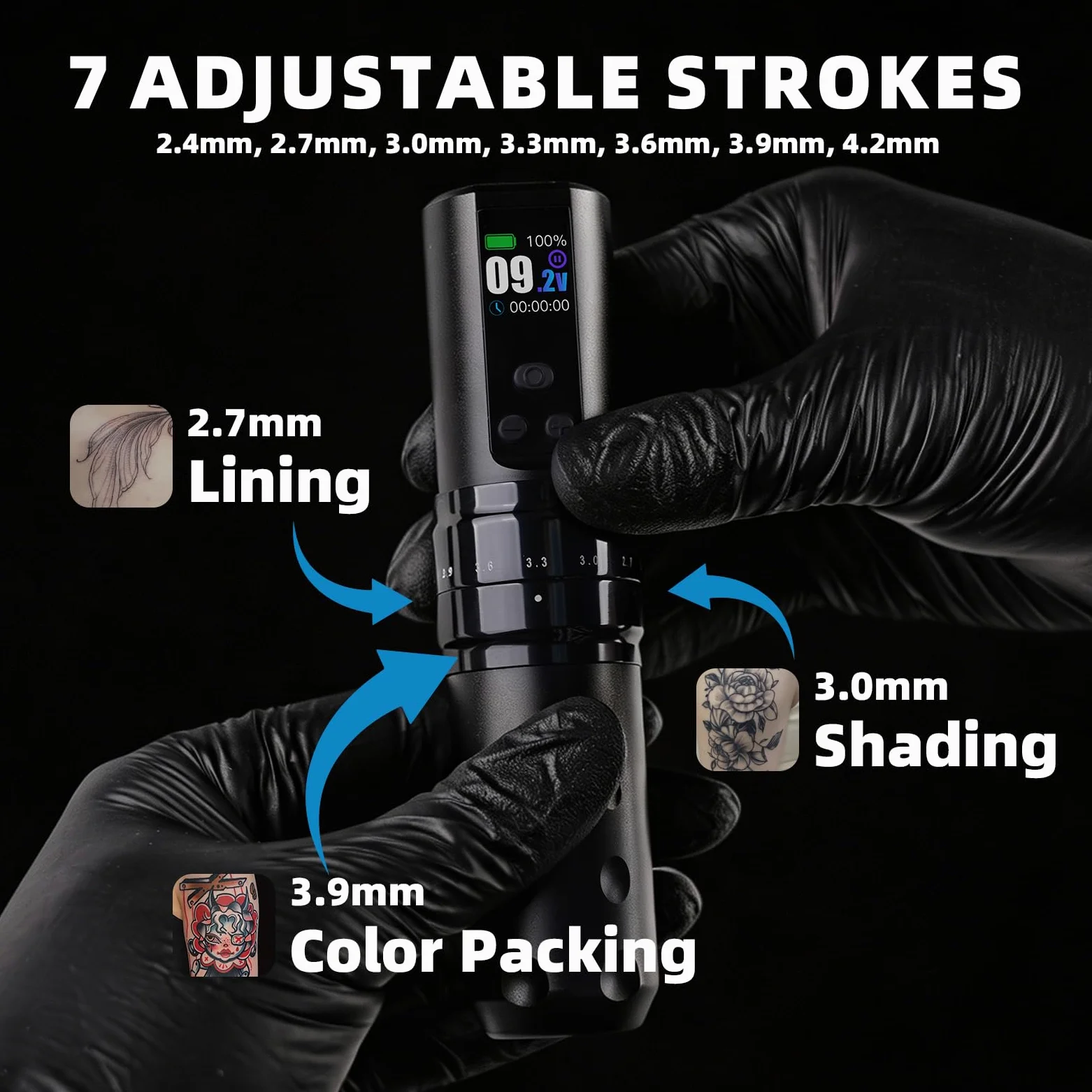 Mast Fold2 Pro Wireless Tattoo Machine Pen Rotary Tattoo Machine Tattoo Gun 7 Strokes Length 2pcs Battery 2000mAh Powerful Motor by Mcore Smart Display Screen Gold