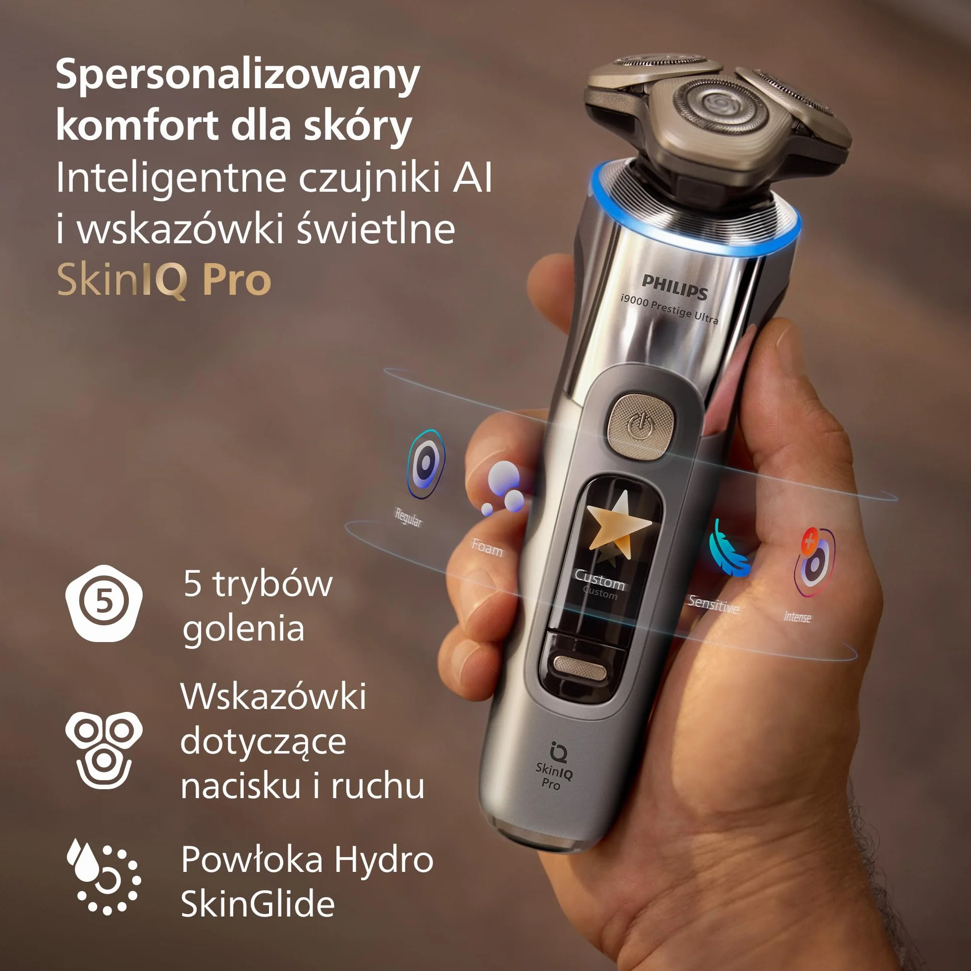 Philips Shaver i9000 Prestige Ultra, golarka elektryczna do golenia na sucho i mokro z technologią Skin IQ Pro, System Triple Lift & Cut, obrotowe 360º ostrza, 5 trybów golenia, Model XP9404/38