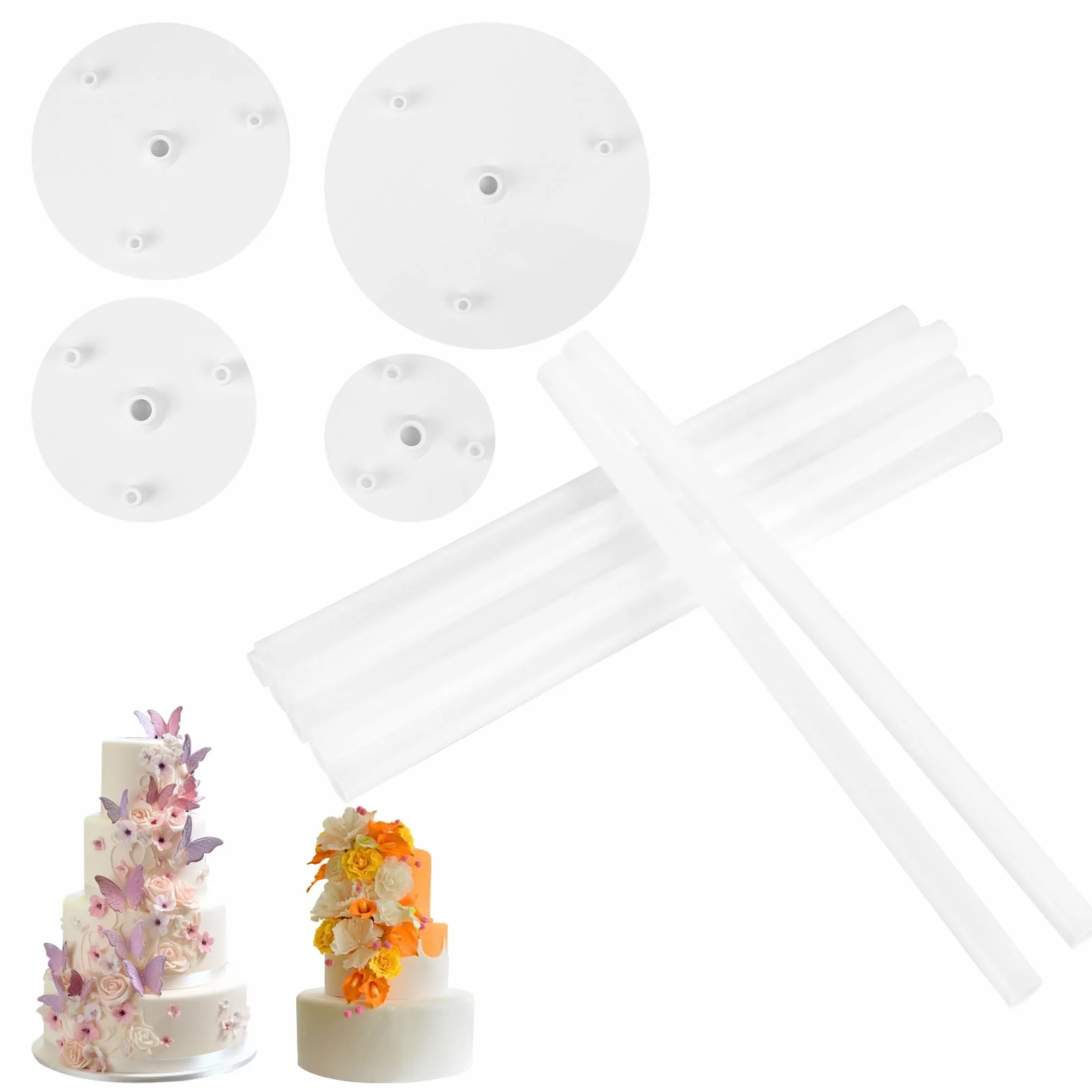 Stojak na ciasto, 12 sztuk podkładek do tortu z 4 talerzami do ciasta, plastikowe podpórki do ciast (24 cm) i podstawą do ciast (9/12/16/20 cm), zatyczki wielokrotnego użytku do tortów