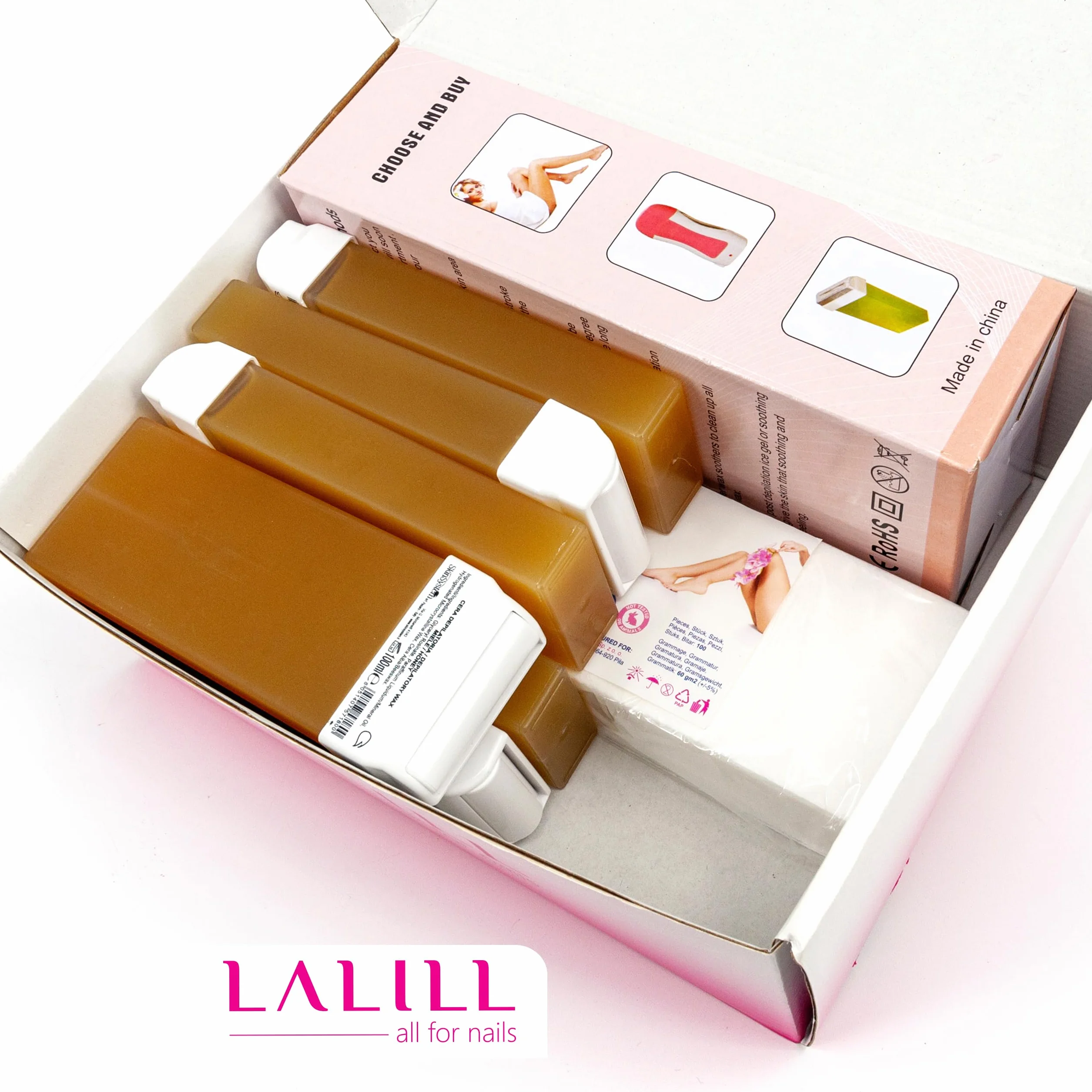 LALILL Zestaw do depilacji woskiem 100 sztuk pasków wkłady 100 ml x 6 podgrzewacz