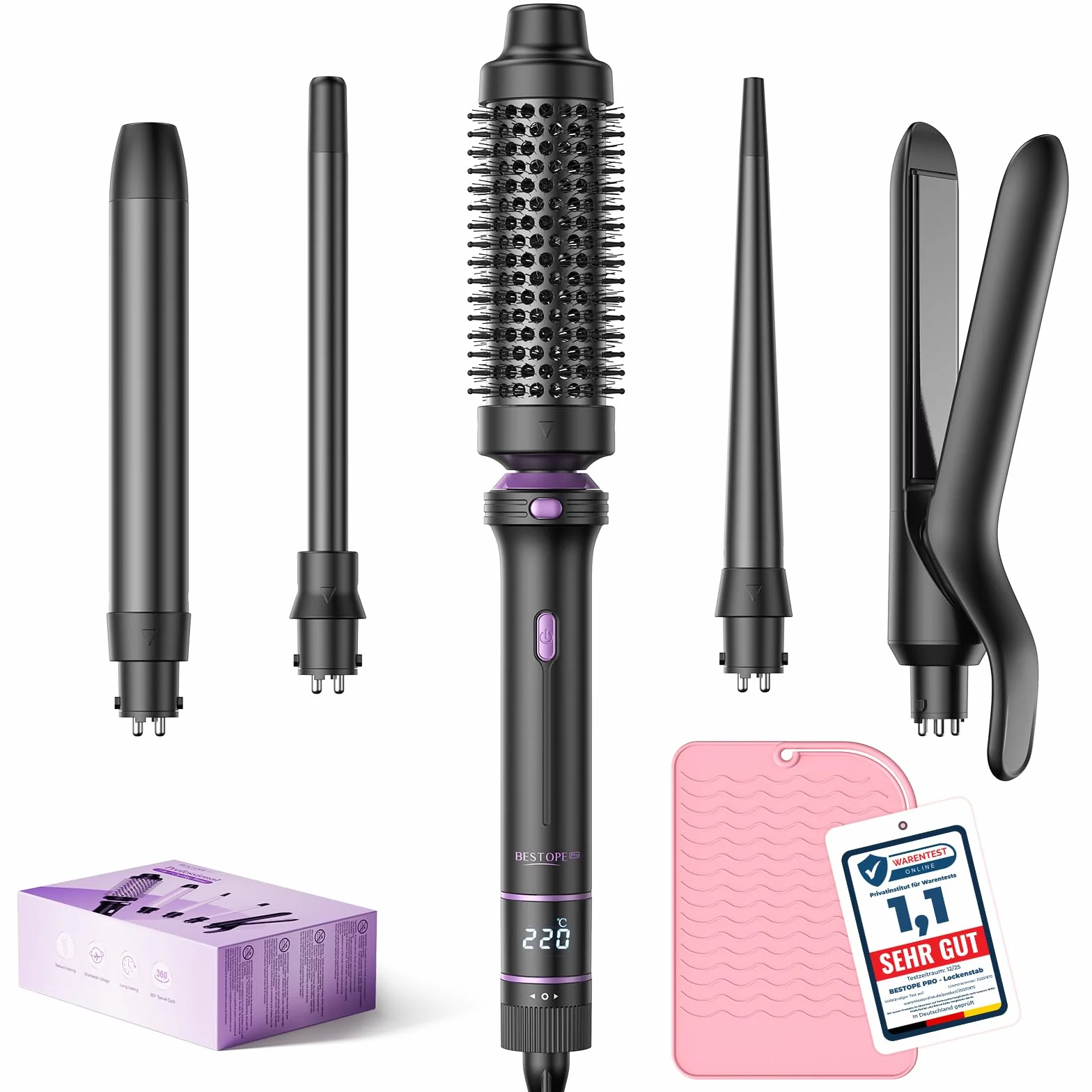 BESTOPE PRO, zestaw lokówek 5 w 1 z prostownicą, szczotka termiczna, 3 ceramiczne lokówki (9 mm-25 mm) do szerokich loków, 13 temperatur