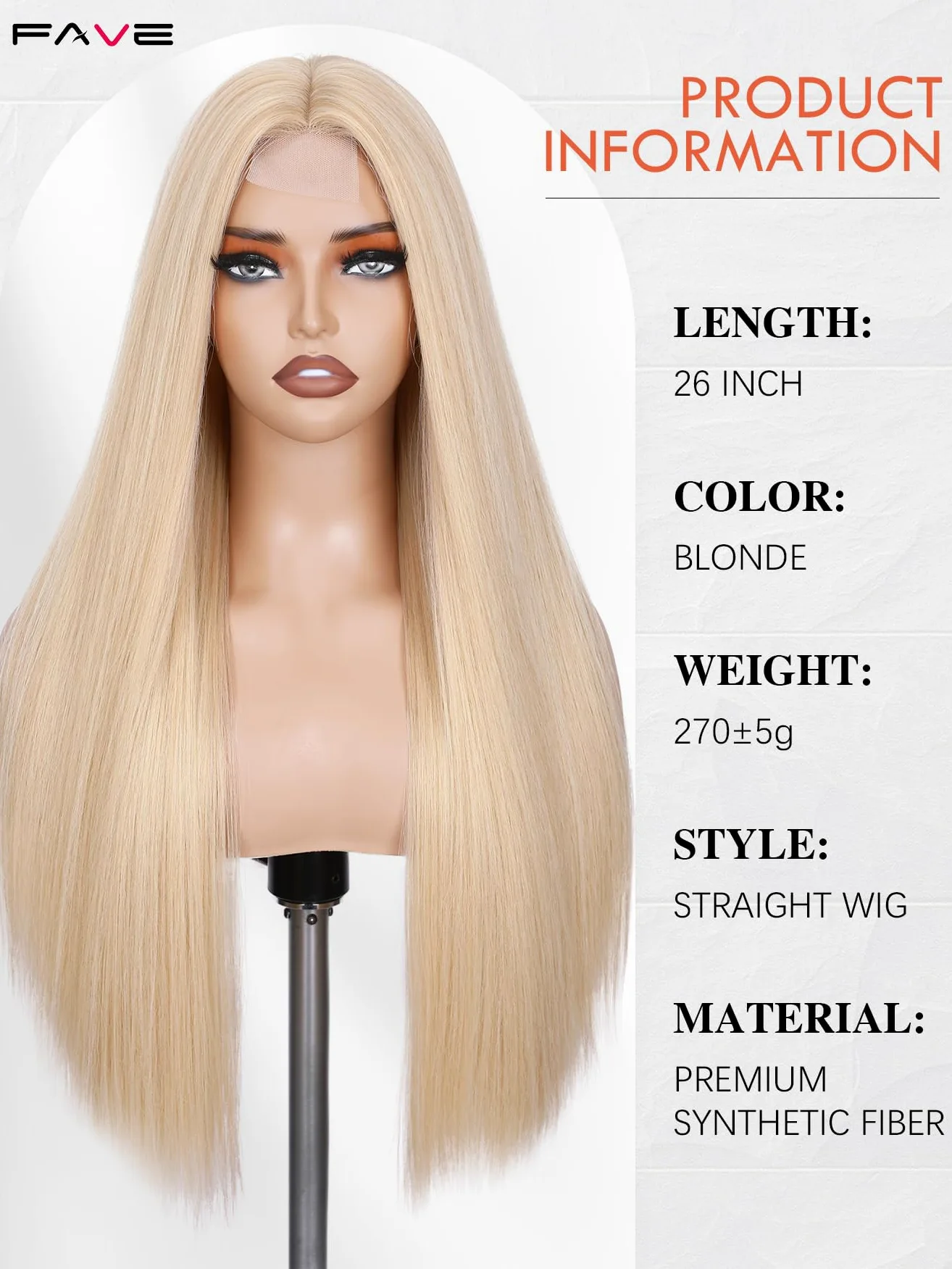 FAVE Peruka blond, 65 cm, damska, długa, odporna na wysokie temperatury, syntetyczna peruka z iluzoryczną koronką, przedziałek na środku, do noszenia na co dzień, do cosplay