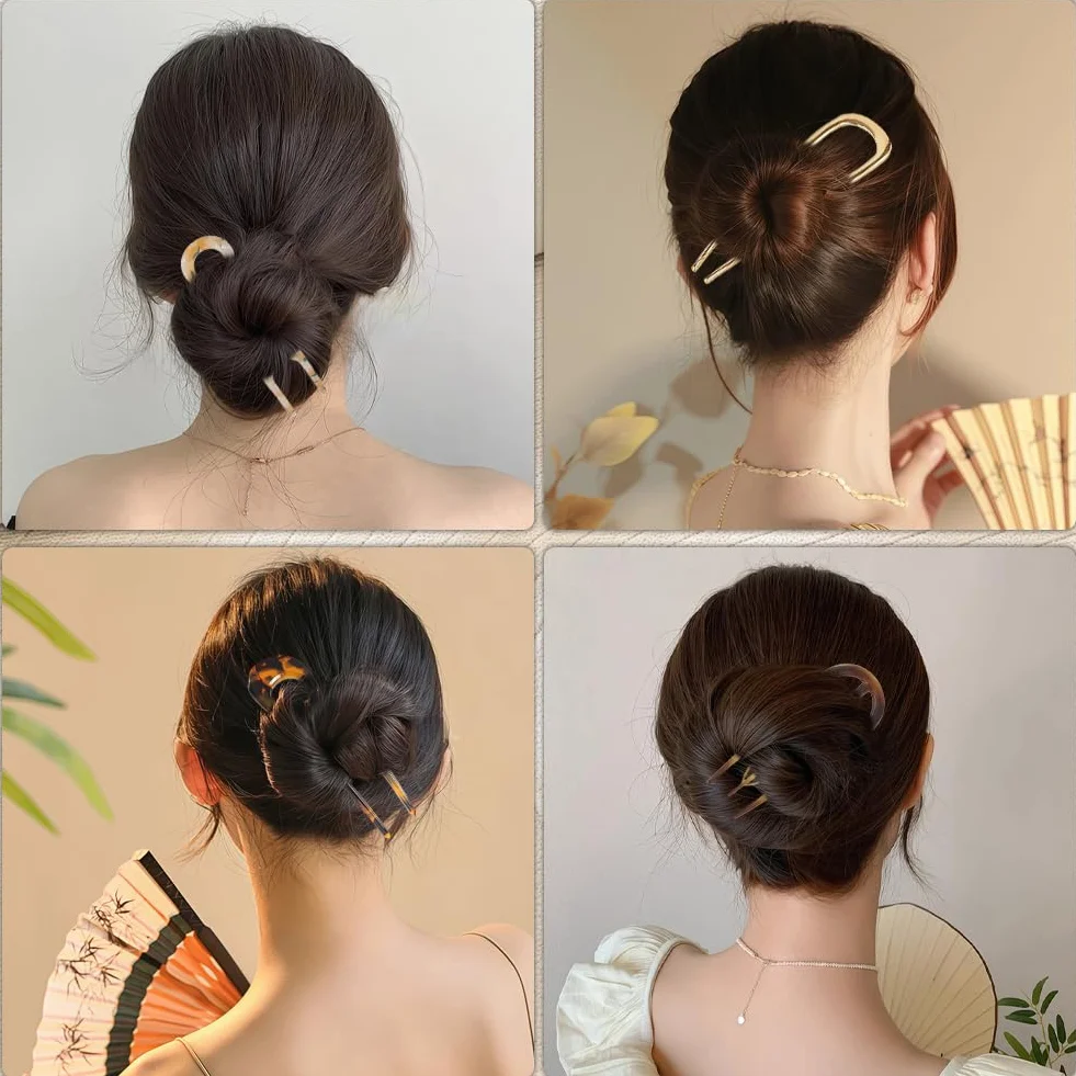 Aucuu 4 szt. francuskich spinek do włosów, spinki do włosów w kształcie litery U, francuskie patyczki dla kobiet, eleganckie francuskie spinki do włosów, bursztynowe francuskie szpilki do włosów