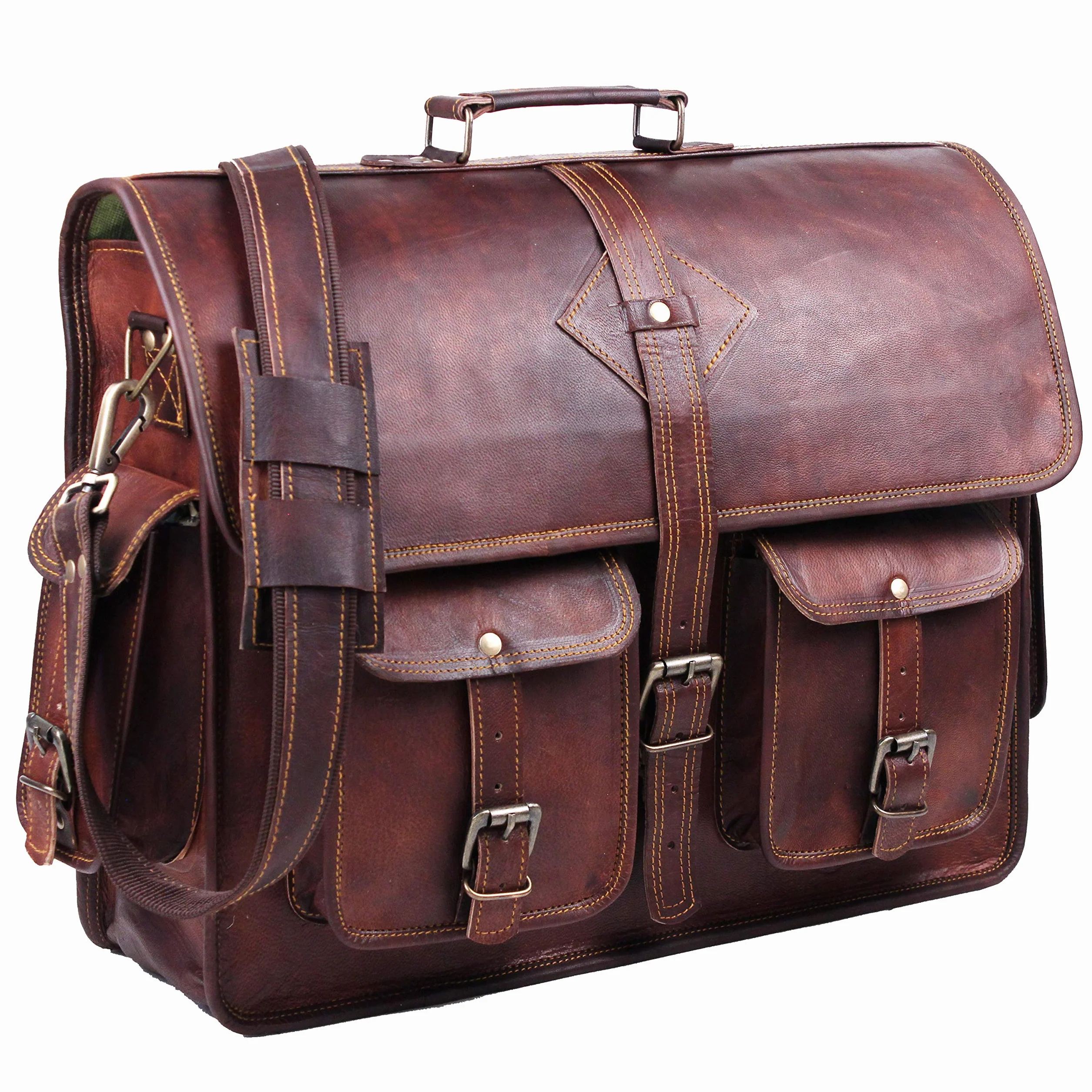 Vintage Leather Laptop Bag for Men Full Grain Large Leather Messenger bag for men 18 inches with rustic look Brown briefcase (Brown)
