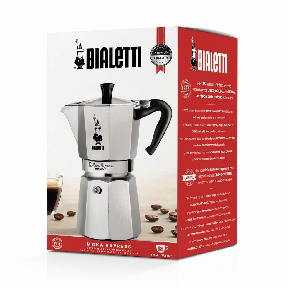 Bialetti – Moka Express: Klasyczna Kawiarka Do Przygotowywania Prawdziwej Włoskiej Kawy, 18 Filiżanek (800 Ml), Aluminiowa, Srebrna