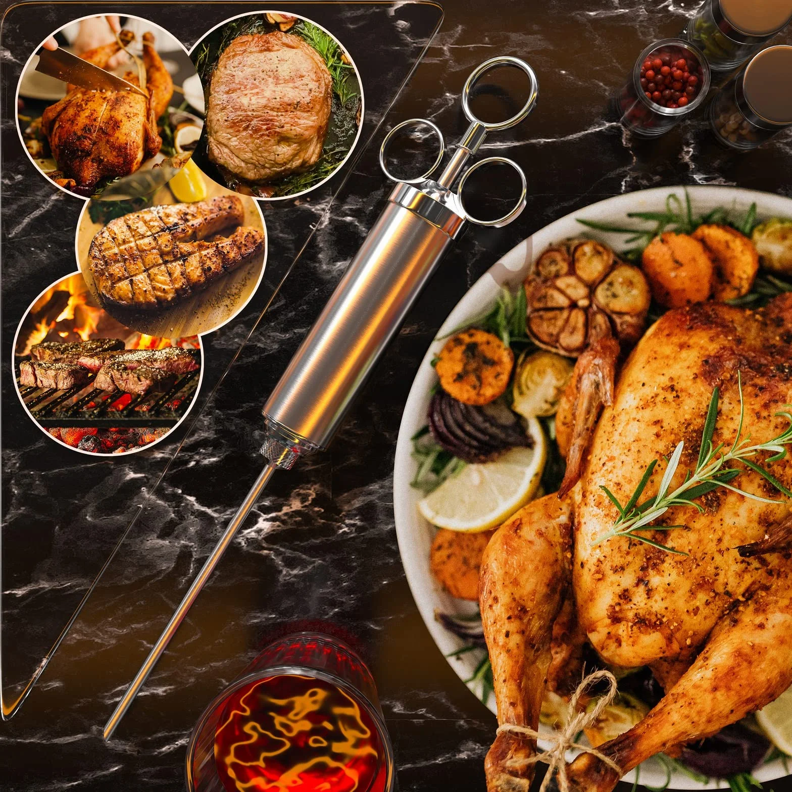 Strzykawka do Mięsa ze Stali Nierdzewnej - 60 ml do Marynowania, Pieczenia BBQ, Przypraw dla Wołowiny, Kurczaka, Wypieków z Dżemem - 3 Igły