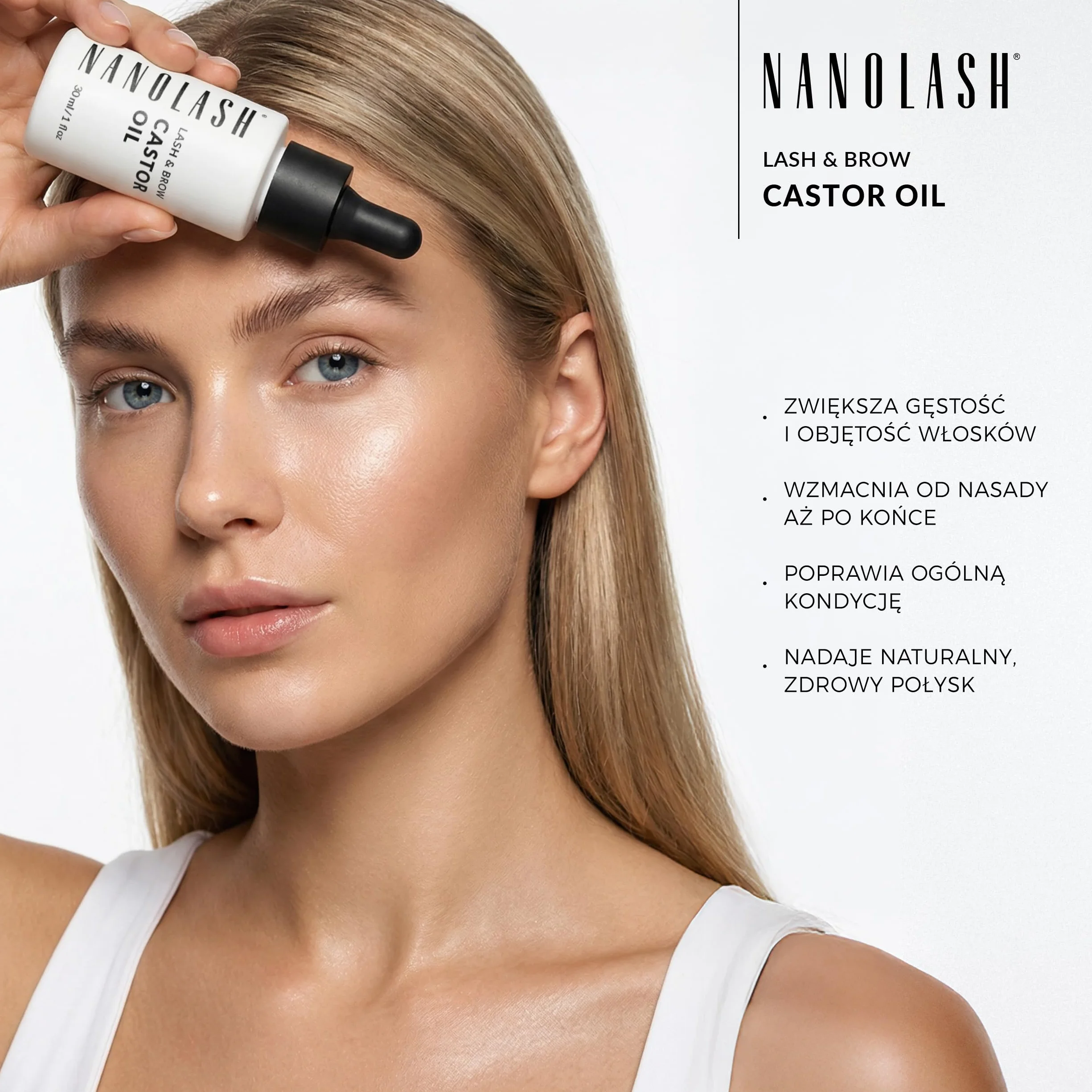 Olejek rycynowy Nanolash 30 ml - 100% naturalny, zimnotłoczony i nierafinowany olejek do rzęs i brwi, przyśpiesza wzrost rzęs, olej rycynowy z aplikatorem