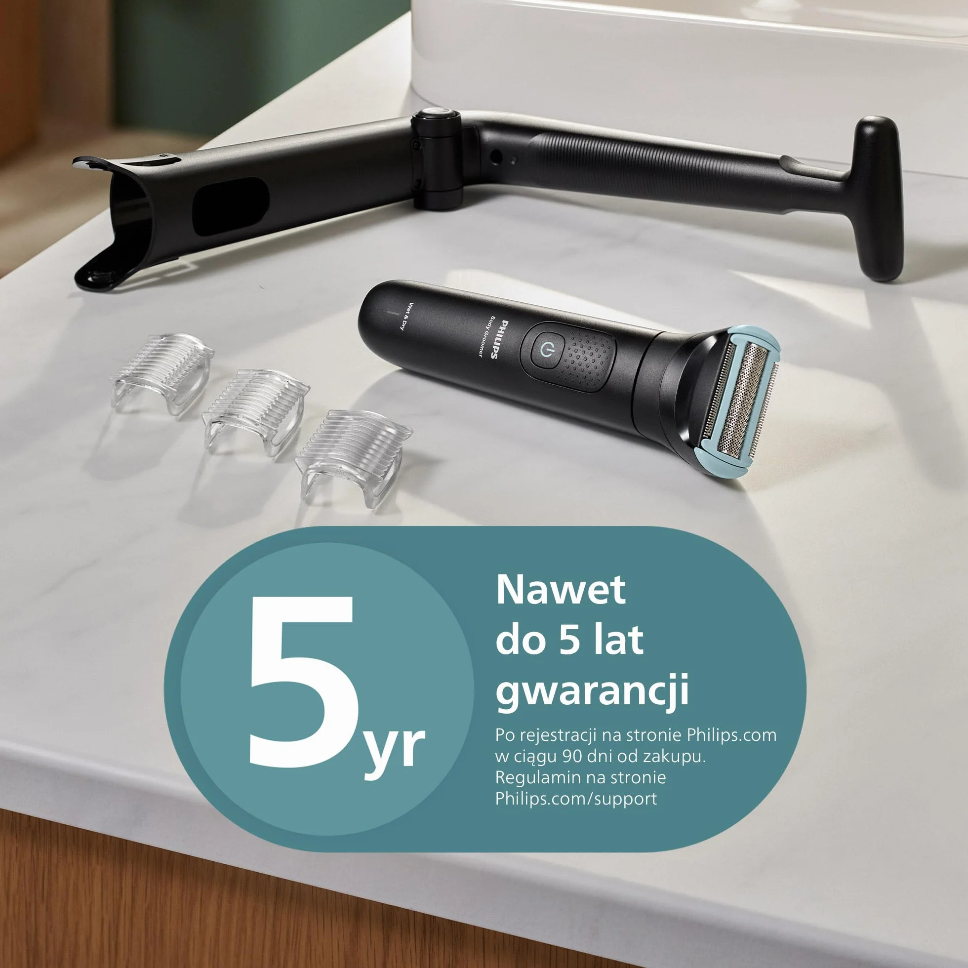 Philips Body Groomer 5000 – mężczyzn trymer do ciała potrójna ochrona, golenie okolic intymnych, składana nasadka do usuwania włosów na plecach, 100% wodoodporności, 100 minut pracy, BG5480/15