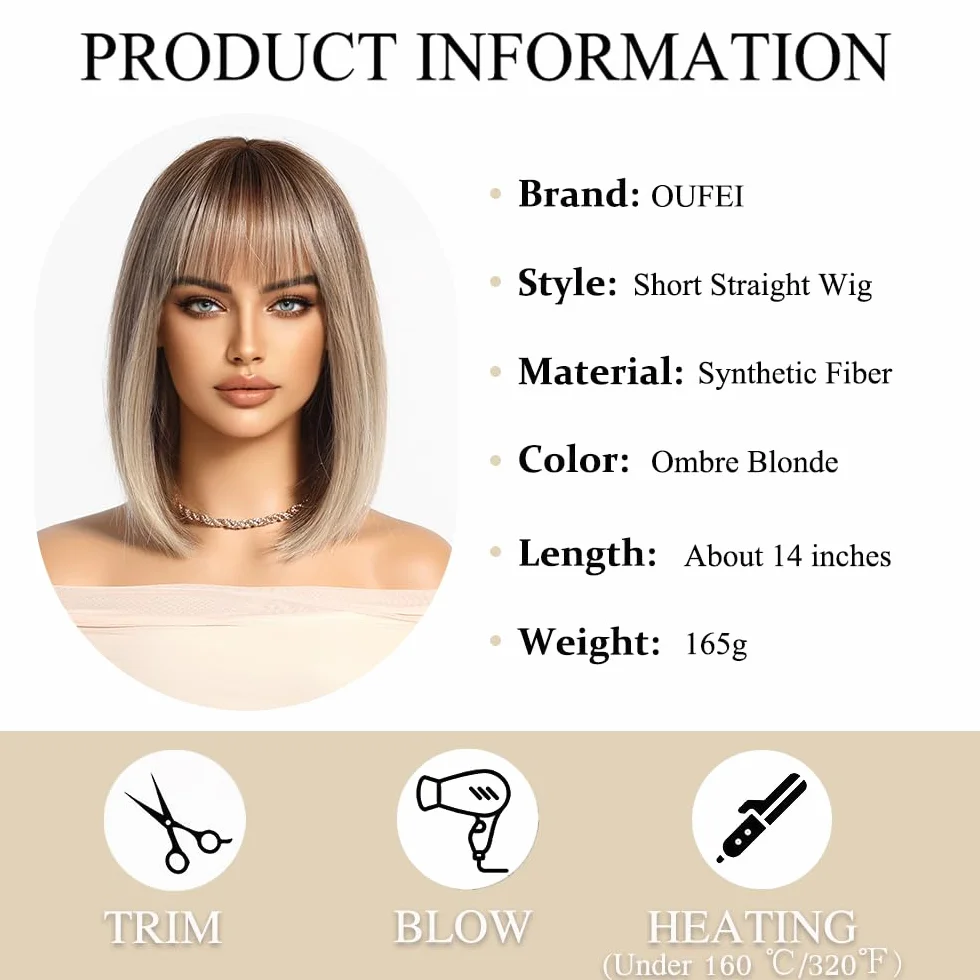 Ombre blond peruka damska krótka bob, prosta peruka syntetyczna dla kobiet, 100% japońskie włókna Kanekalon, na co dzień, imprezę, Halloween