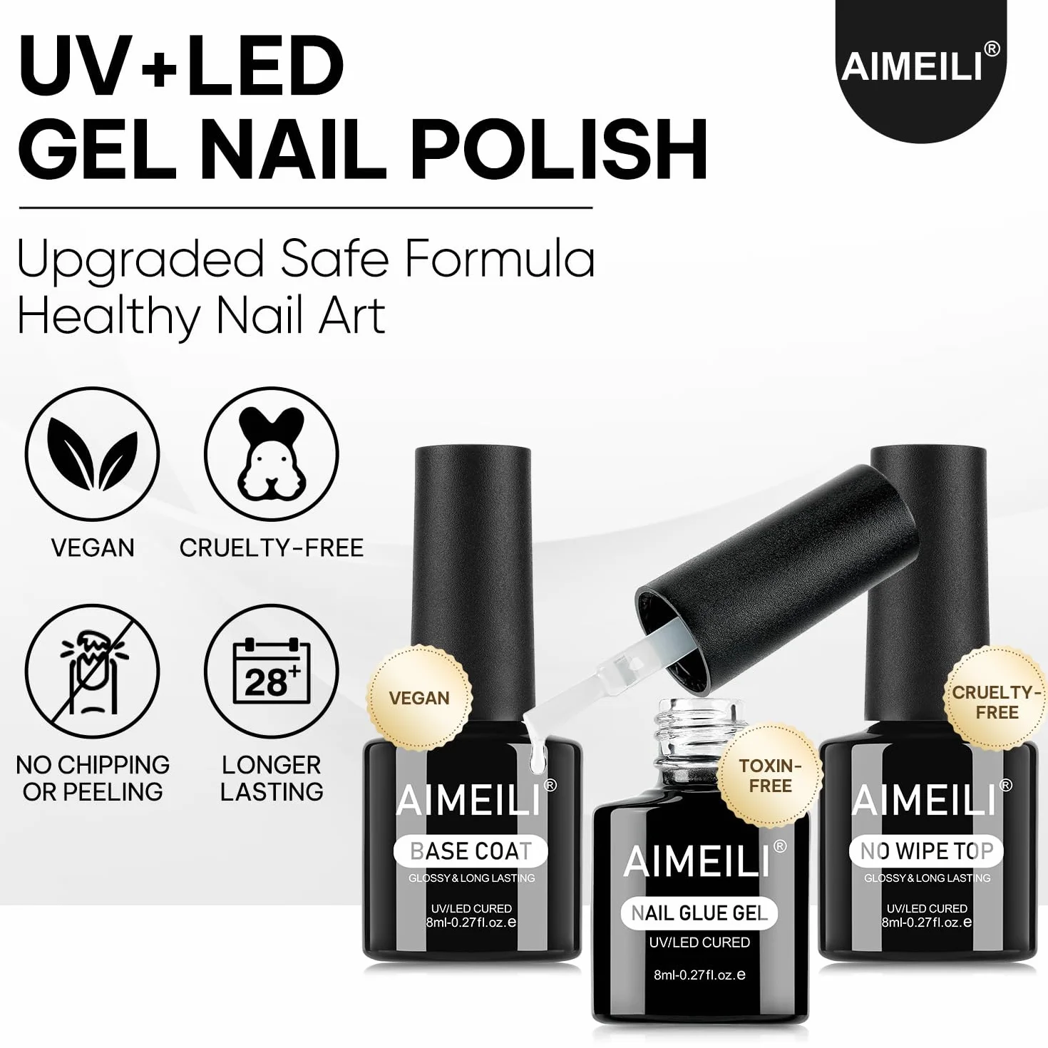 AIMEILI Glue Gel x Baza i Top Coat Bez Wipe Półtrwałe 3 x 8 ml Baza i Top Coat Żel Paznokci Klej Żel do sztucznych paznokci UV Nail Art