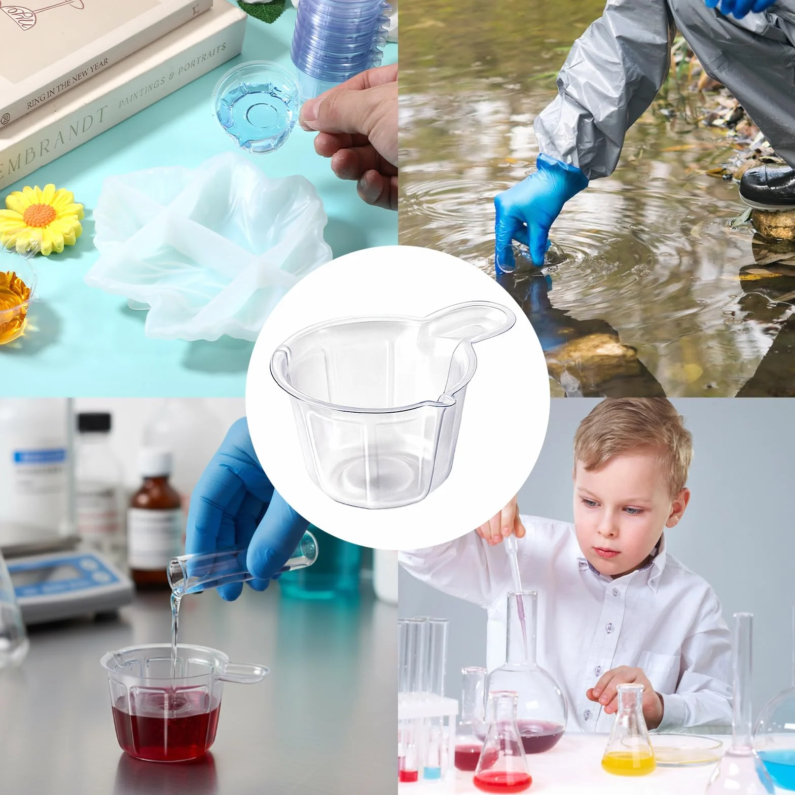 150 sztuk kubków z miarką, jednorazowe, plastikowe, do mieszania, małe przezroczyste kubki z tworzywa sztucznego, kubki do farbowania, DIY, kryształowe, epoksydowe, do mieszania, kolor plamki (40 ml)
