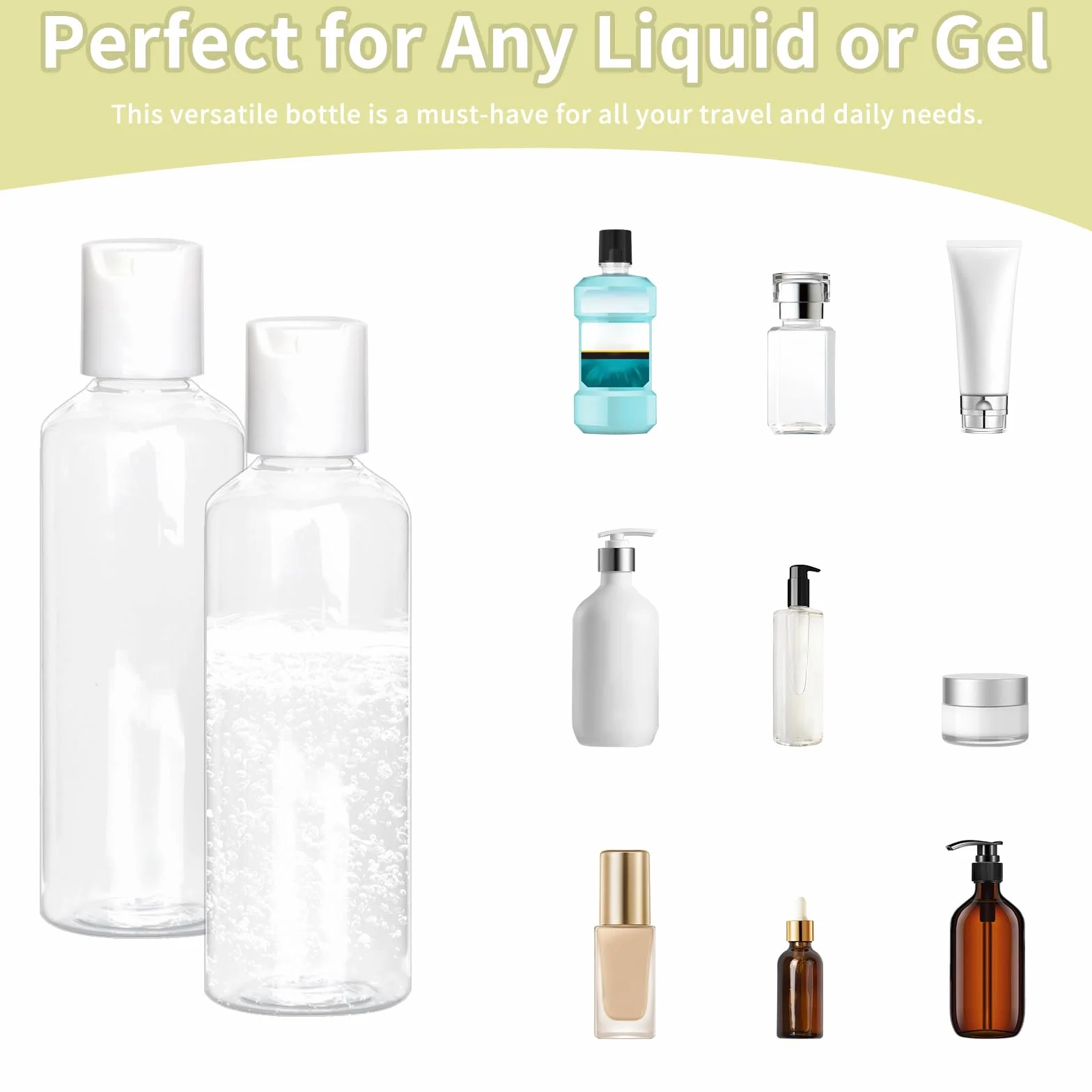 8 sztuk plastikowych butelek podróżnych, 100 ml, puste pojemniki podróżne, wielokrotnego użytku, małe butelki z szamponem, przezroczyste butelki kosmetyczne z zamknięciem Disc, 2 lejki i 12 etykiet,