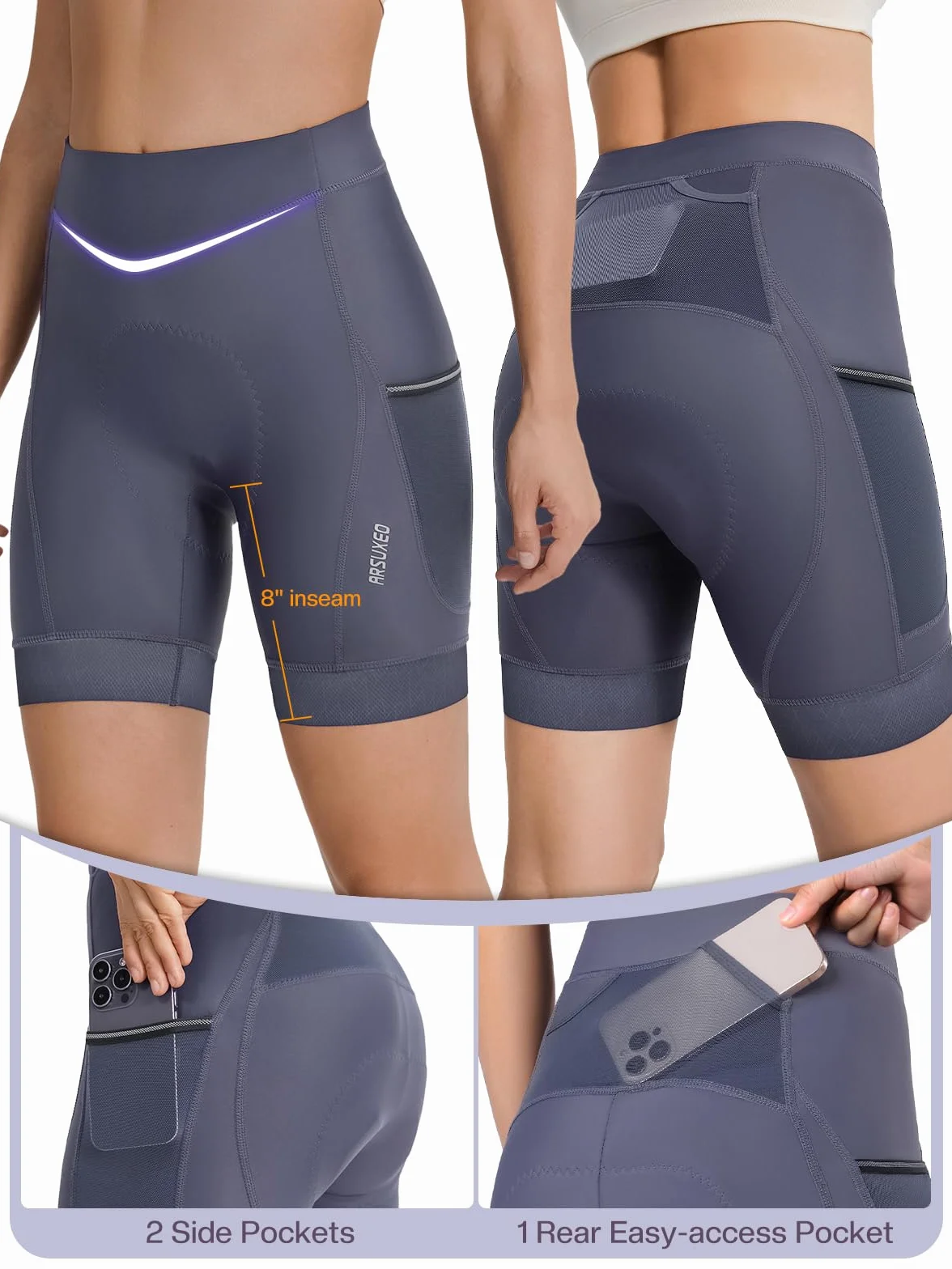 ARSUXEO Spodenki rowerowe premium 4D z wyściełanymi spodenkami rowerowymi, 3 kieszenie