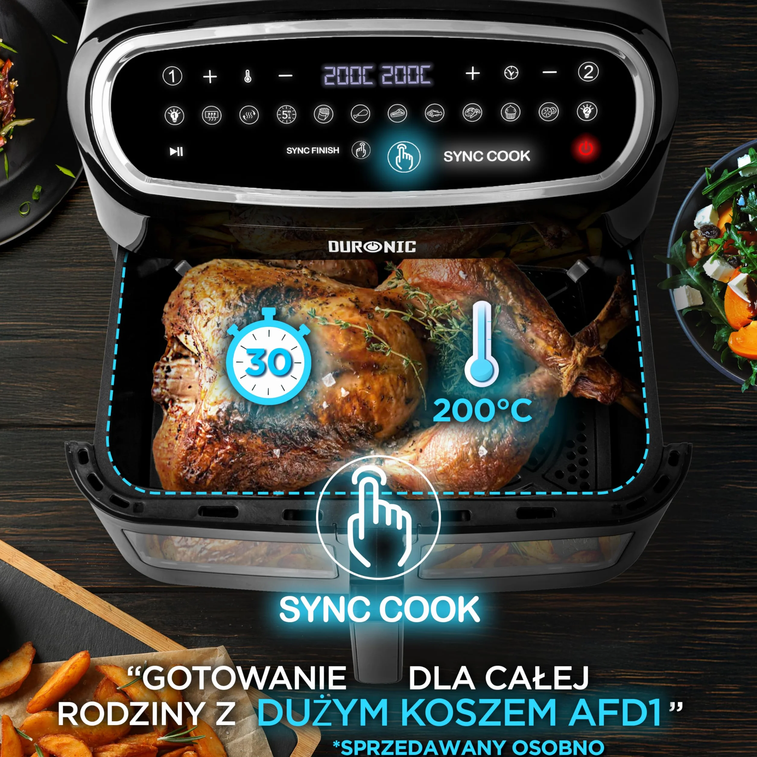 Duronic AF34 BK Frytkownica beztłuszczowa na gorące powietrze | Air fryer XXL z AFD1 duża komora 10l i 2x po 5l dwukomorowa wielofunkcyjna | dual