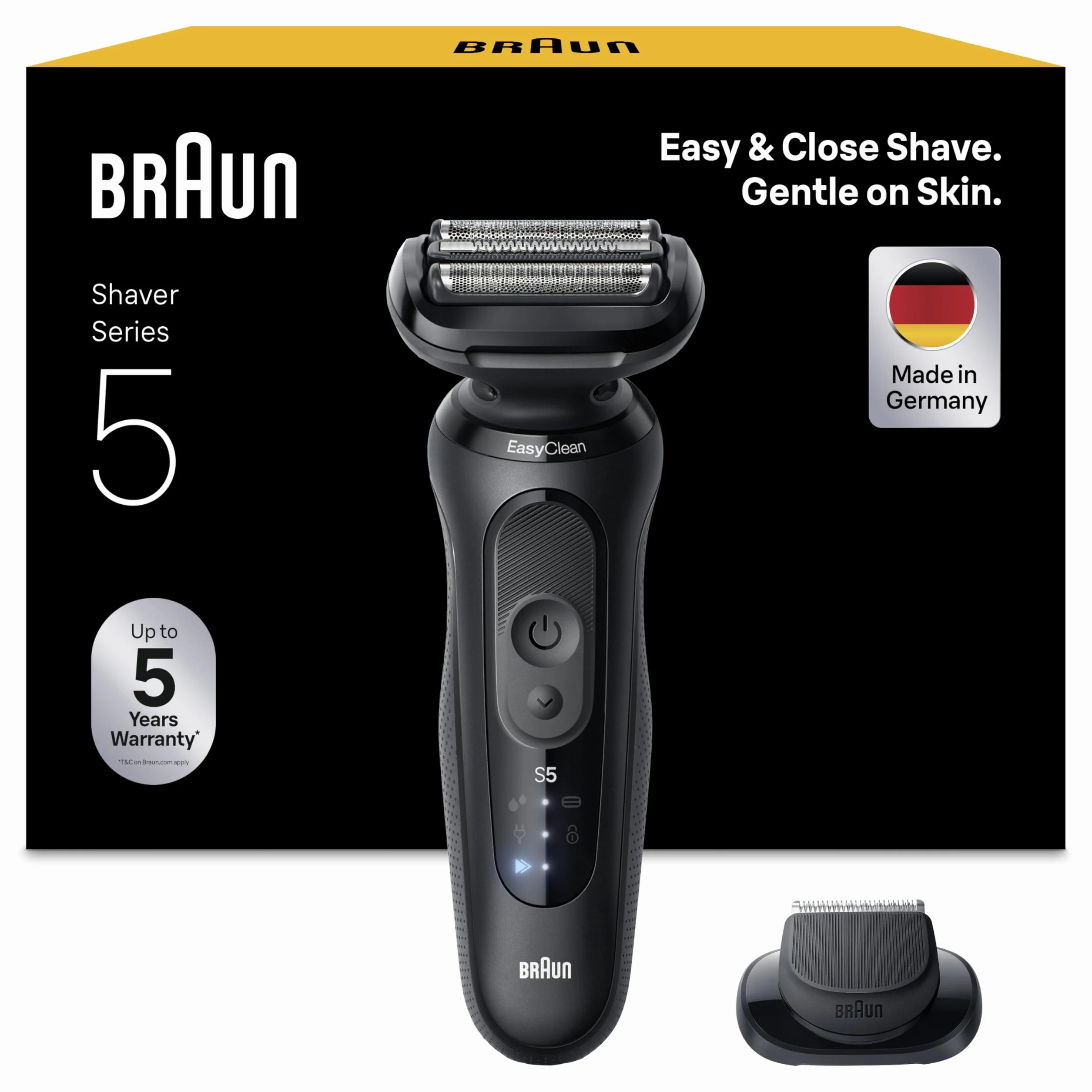 Braun Series 5 Golarka elektryczna, Do 50 minut, nasadka precyzyjnego trymera, bezprzewodowa, maszynka dla mężczyzn do golenia na mokro i na sucho, w 100% wodoodporna, 52-N1200S, Czarny
