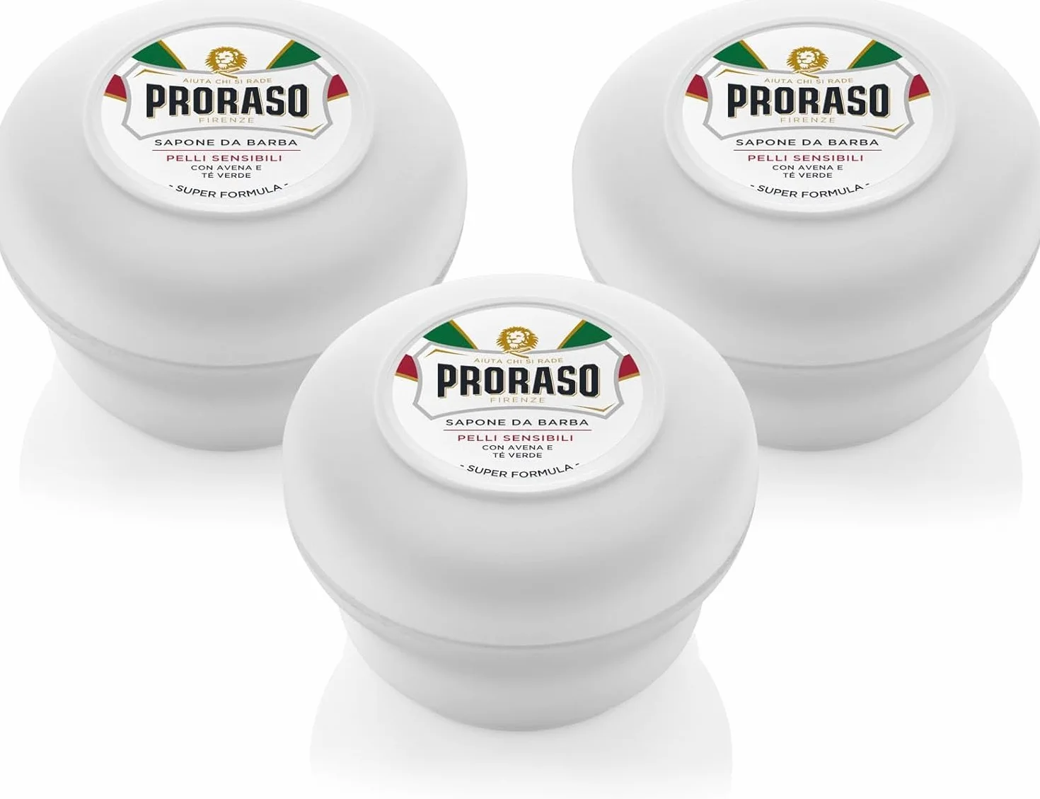Proraso Mydło do golenia z wrażliwej skóry, 3 x 150 ml, mydło do golenia z ekstraktem z owsa i zielonej herbaty, wyprodukowane we Włoszech