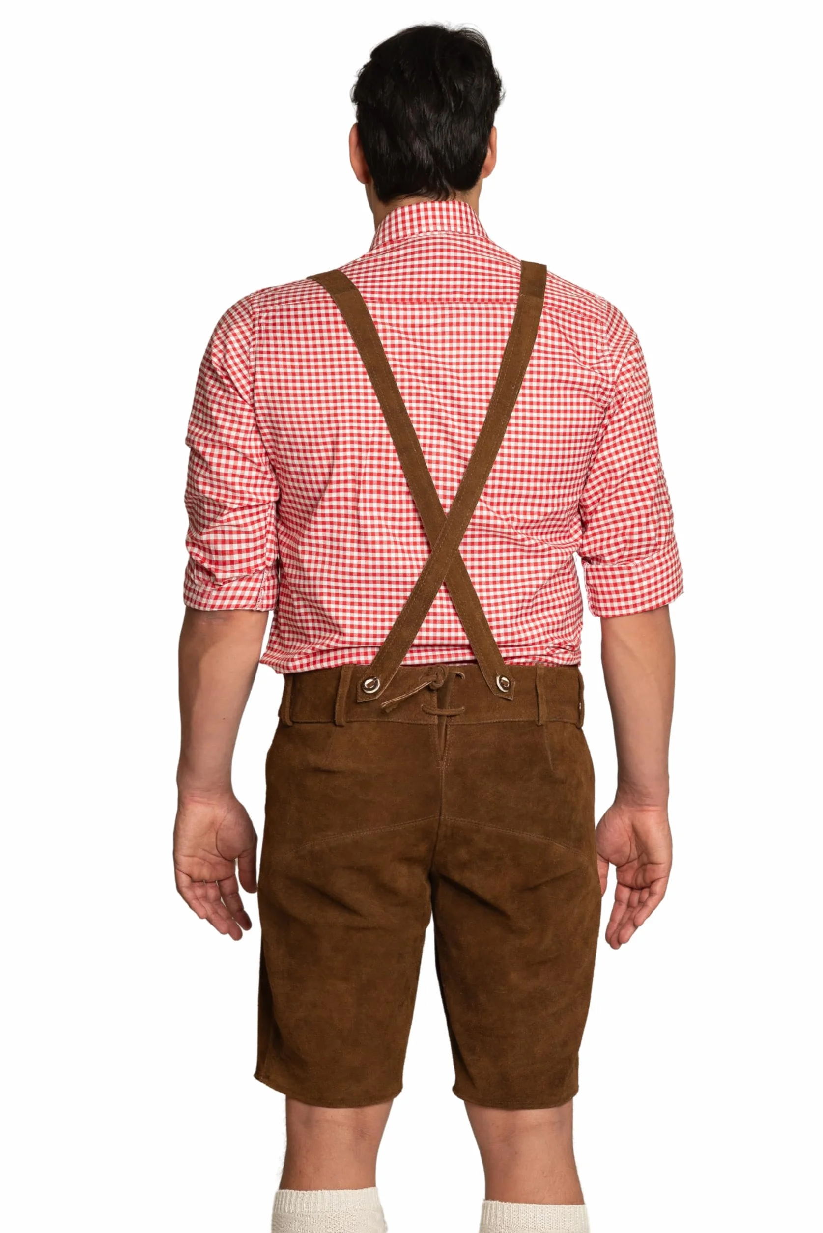 Tannhauser Krótkie skórzane spodnie Flachau z szelkami 100% skóra bydlęca ciemnobrązowe prawdziwe skórzane spodnie męskie na Oktoberfest - rozmiar XS do 5XL
