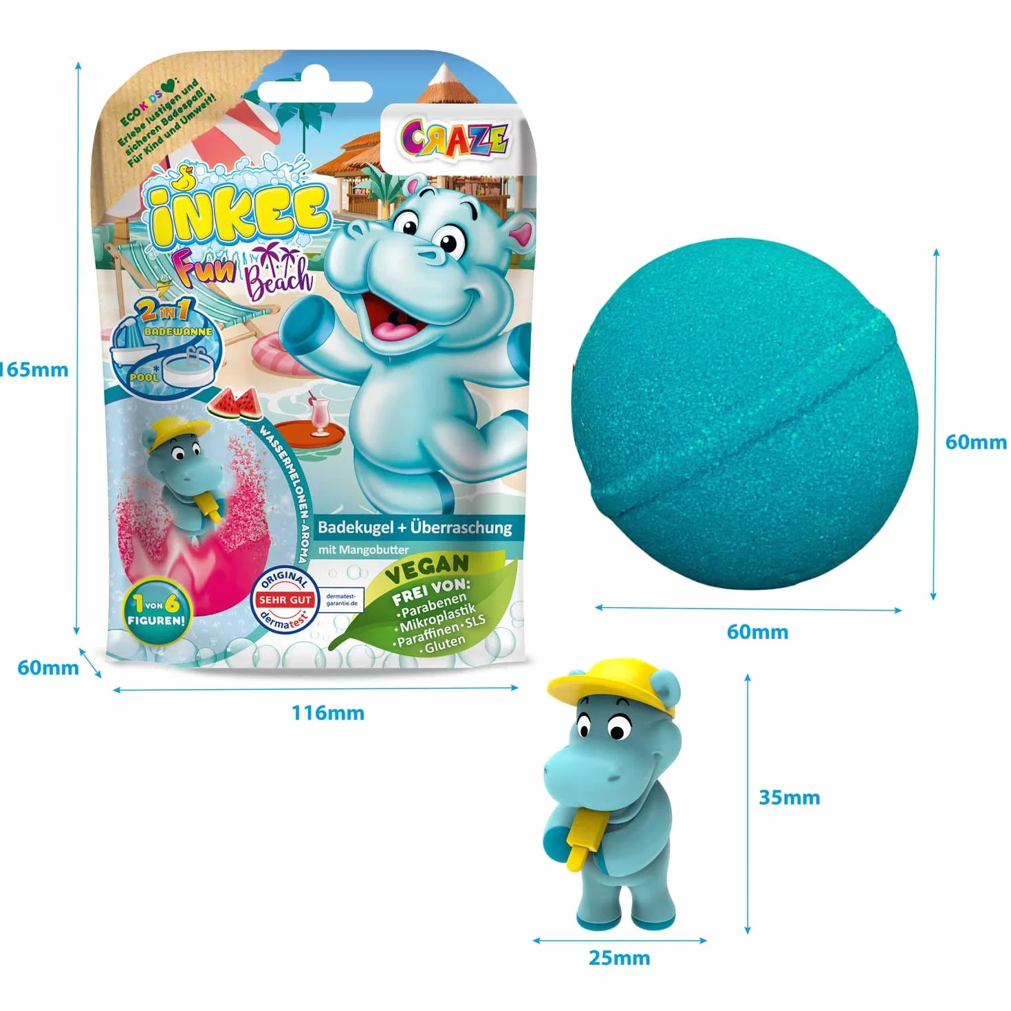 INKEE Fun Beach | Zestaw 3 Bomb do Kąpieli dla Dzieci z Figurkami Hipopotama, 3x Kule do Kąpieli z Niespodzianką, Aromat Arbuza, z Masłem Mango