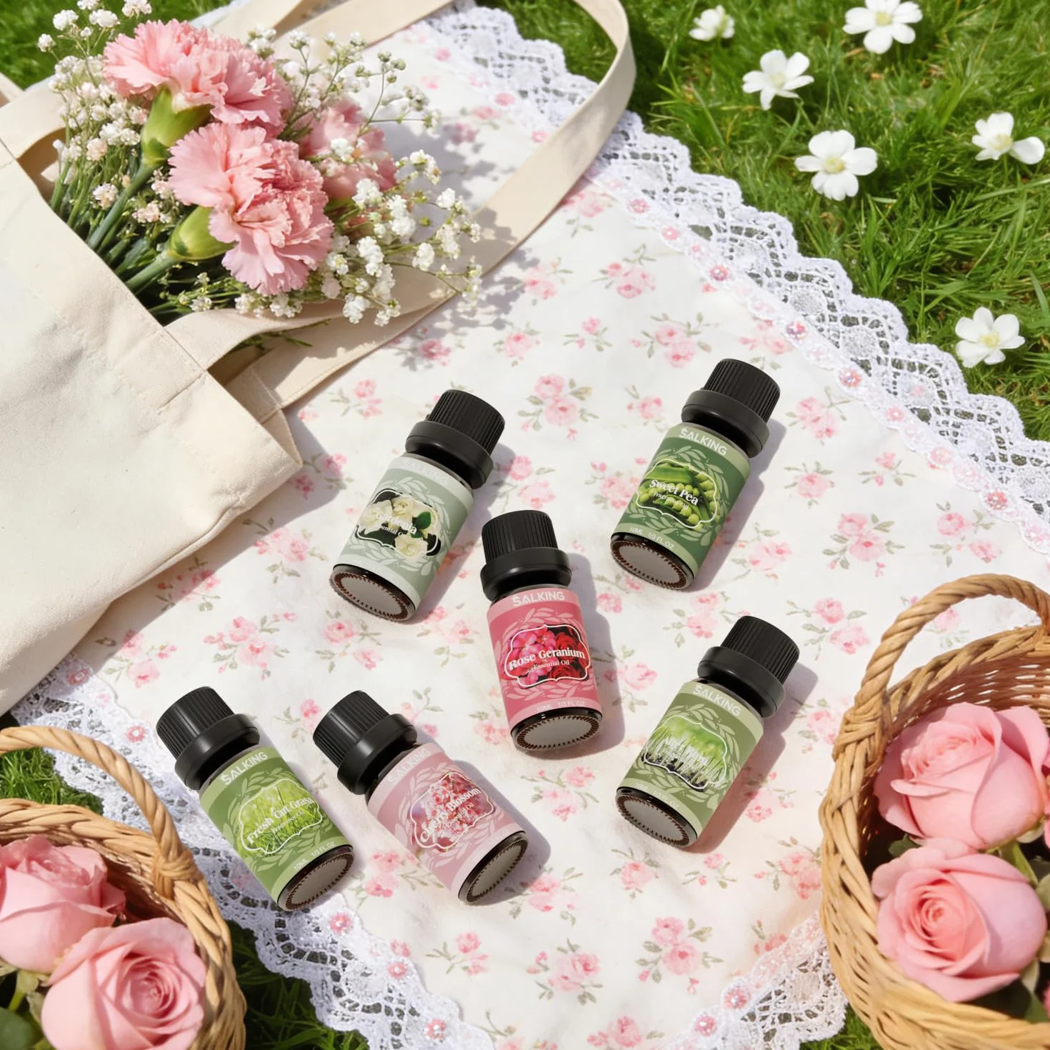 SALKING Zestaw olejków eterycznych wiosennych, 6 x 10 ml, 100% aromaterapii, nawilżacza powietrza, masażu, po deszczu, świeżo skoszonej trawy, szalergu, geranium