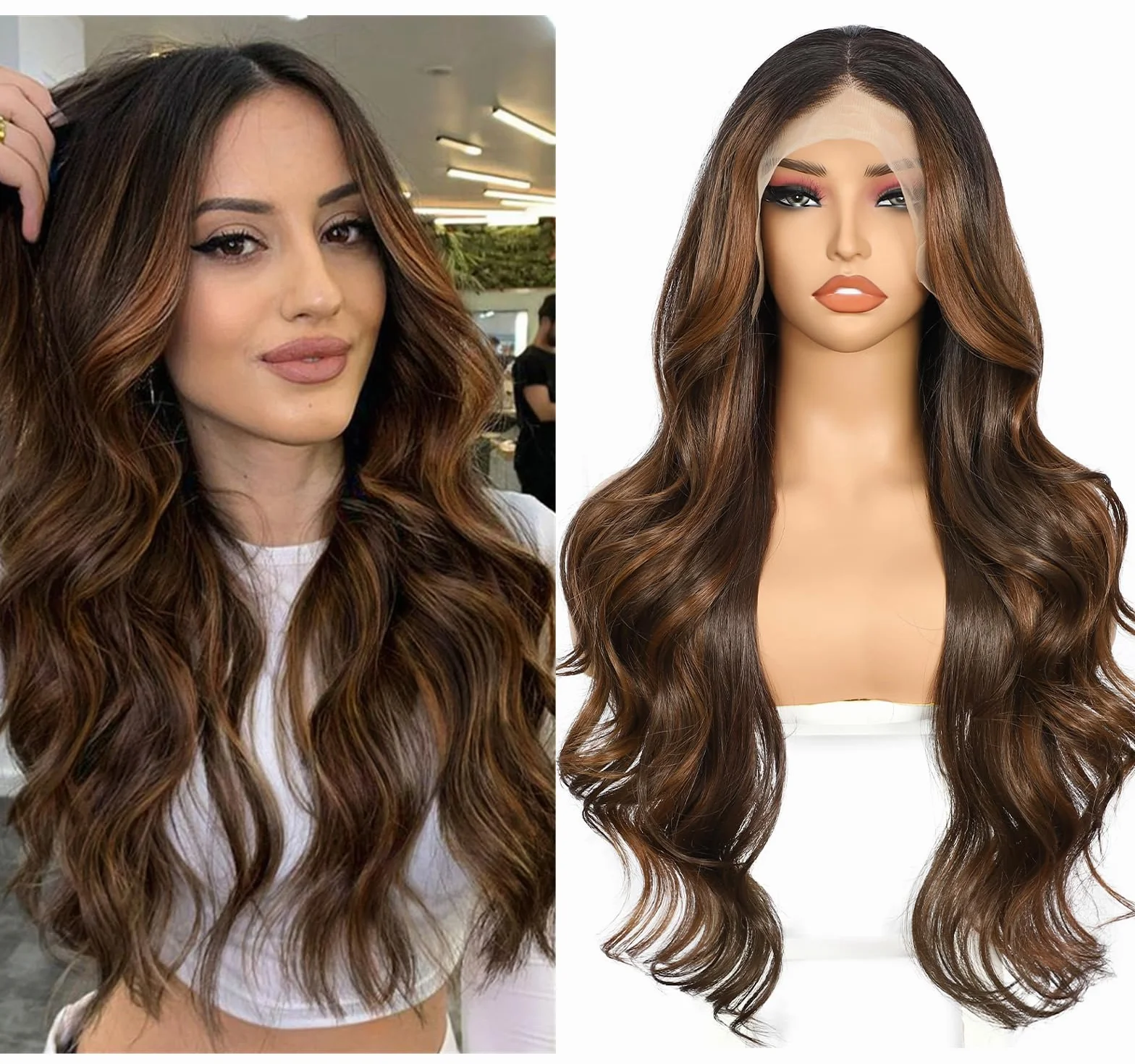 Sapphirewigs Brązowa koronkowa peruka z przodu 13x4 syntetyczna fala balejaż