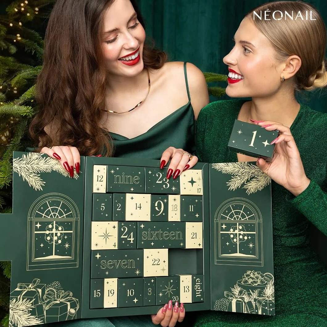 NÉONAIL Zestaw świąteczny - Beauty Feels Like Home - Kalendarz Adwentowy 2025 - Lakiery Hybrydowe, Bazy, Topy, Pyłki, Folie Transferowe, Akcesoria - Manicure - 24 Niespodzianki