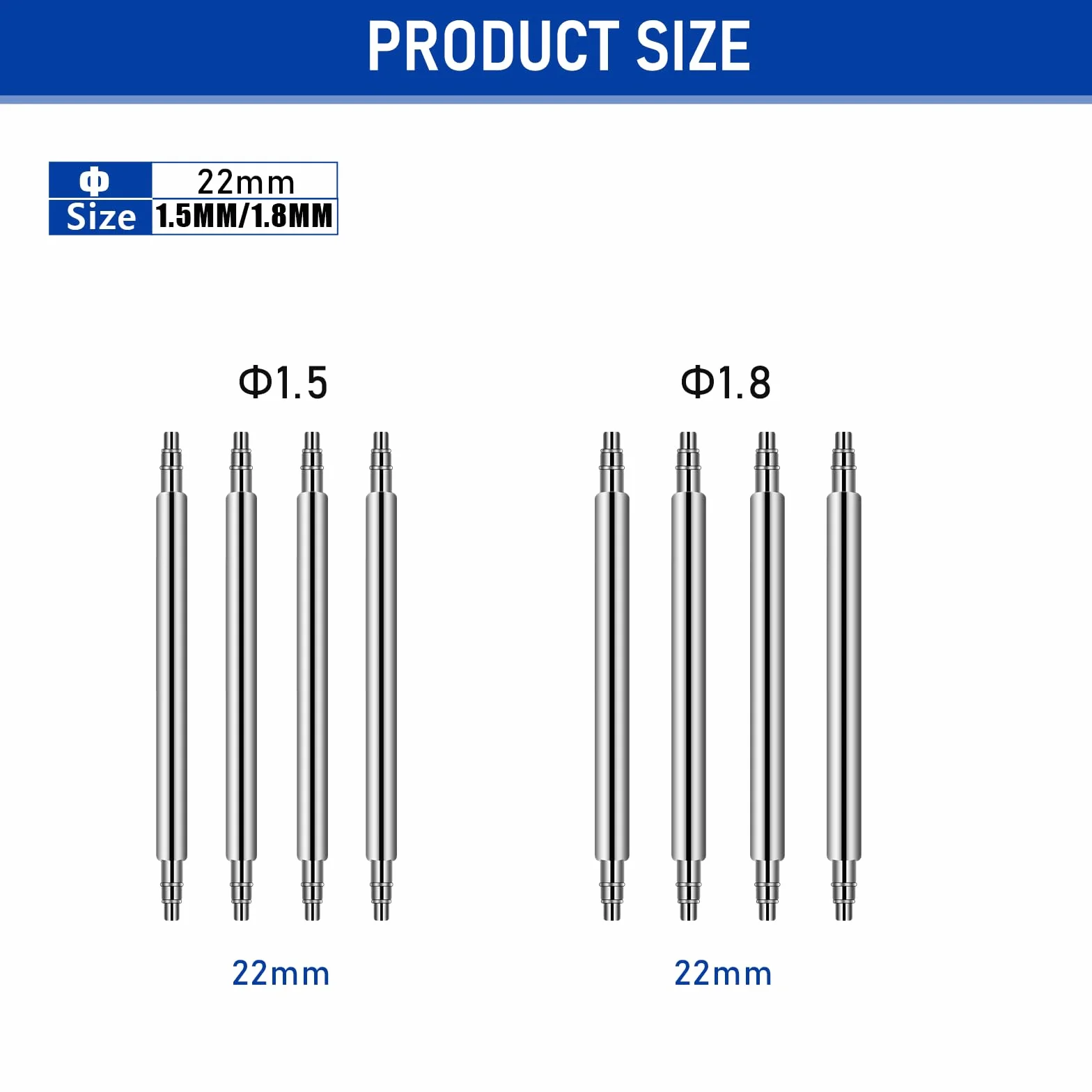 Mozeat Lens 8 sztuk szpilek do zegarka, pręty sprężynowe ze stali nierdzewnej, długość 22 mm, 4 sztuki każda o średnicy 1,5 mm i 1,8 mm, /