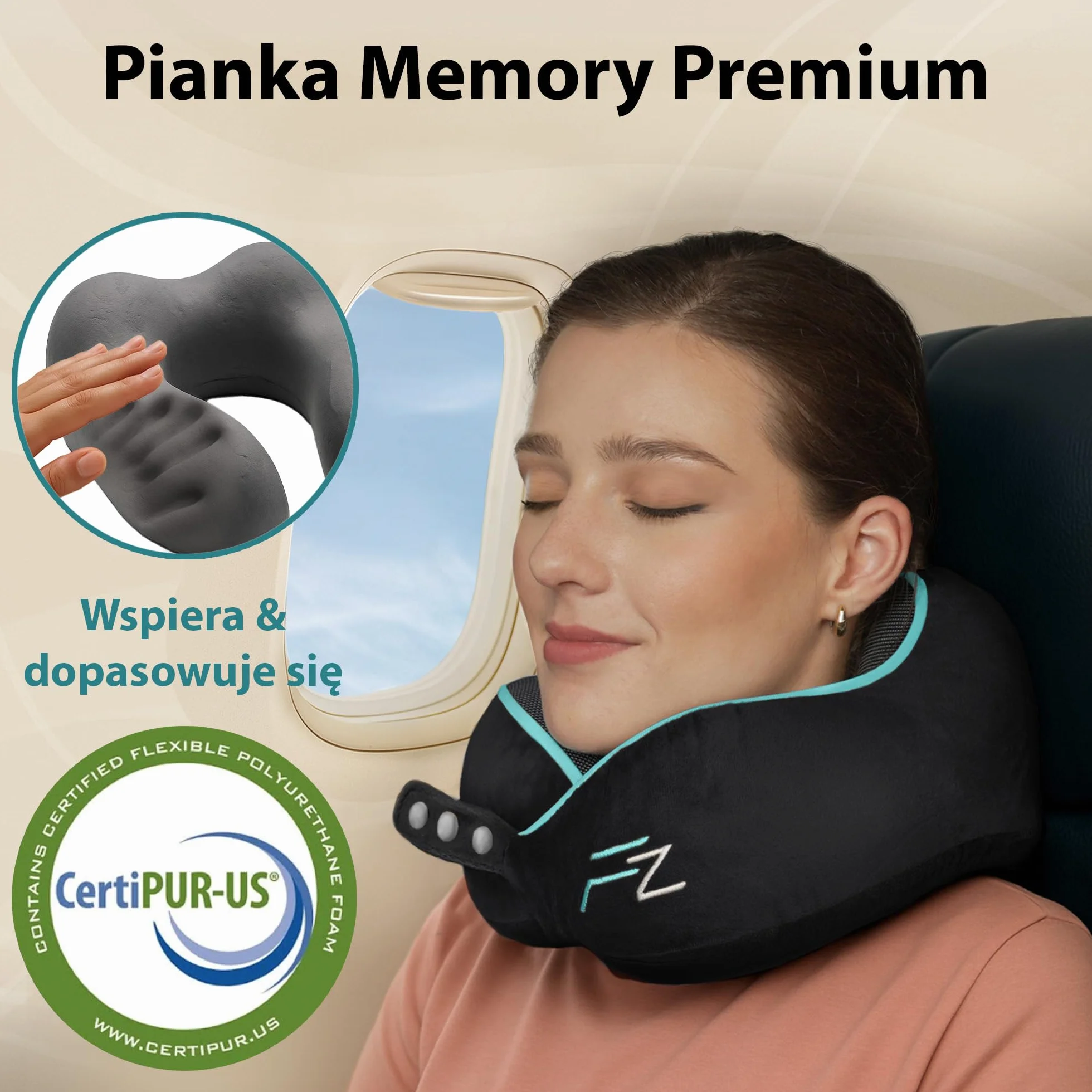 FLOWZOOM Comfy Poduszka Podróżna z Pianki Memory do Samolotu i Auta – Regulowany Zagłówek ze Wsparciem 360°, Miękki Zmywalny Pokrowiec z Pluszu i Kompaktowy Worek – Czarny