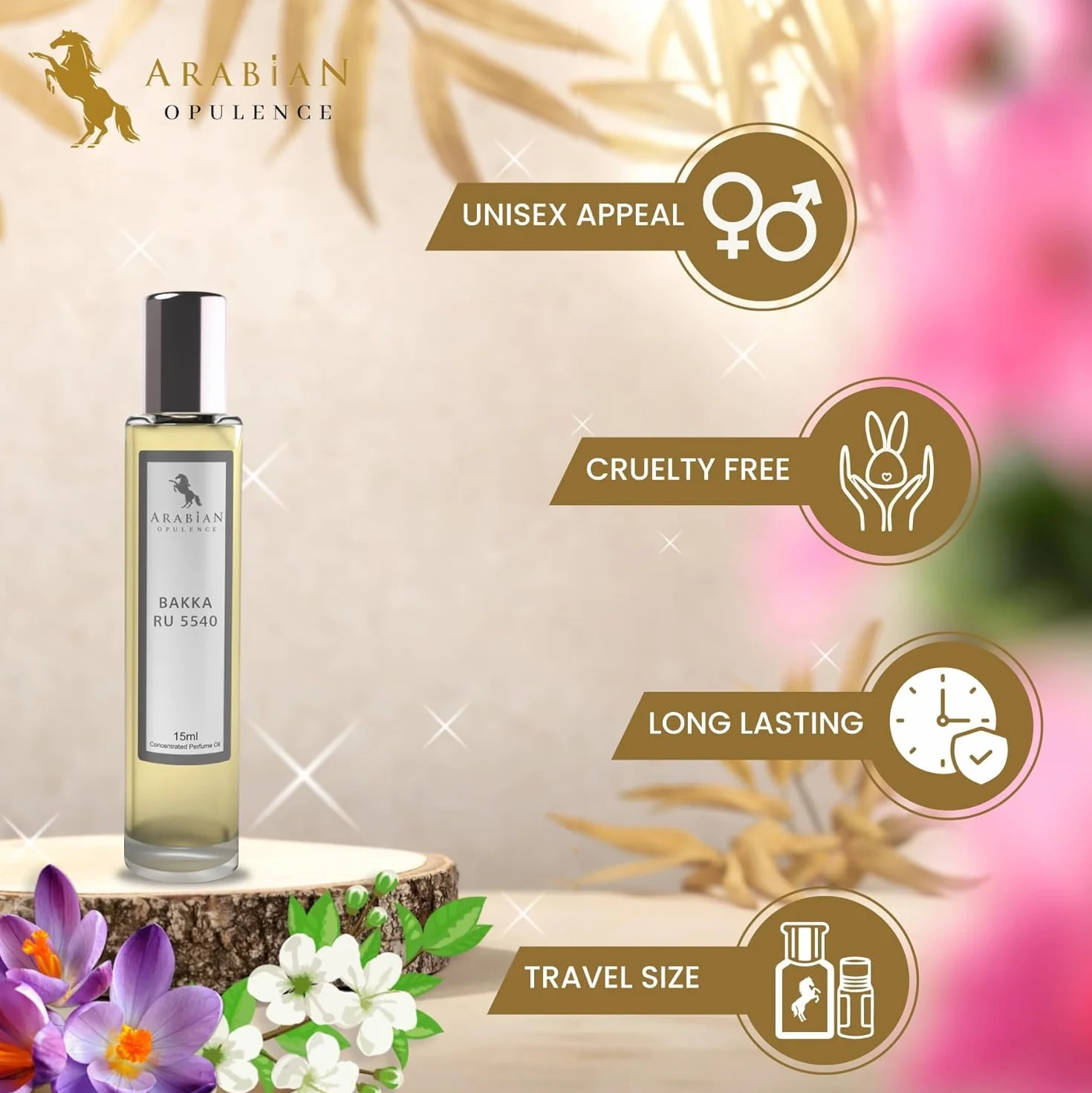 Arabian Opulence FR328 Bakka Ru 5540 Roll-on olejek perfumowany, skoncentrowany olejek do ciała, długotrwałe perfumy na bazie oleju, dla mężczyzn i kobiet, rozmiar podróżny, butelka bezalkoholowego