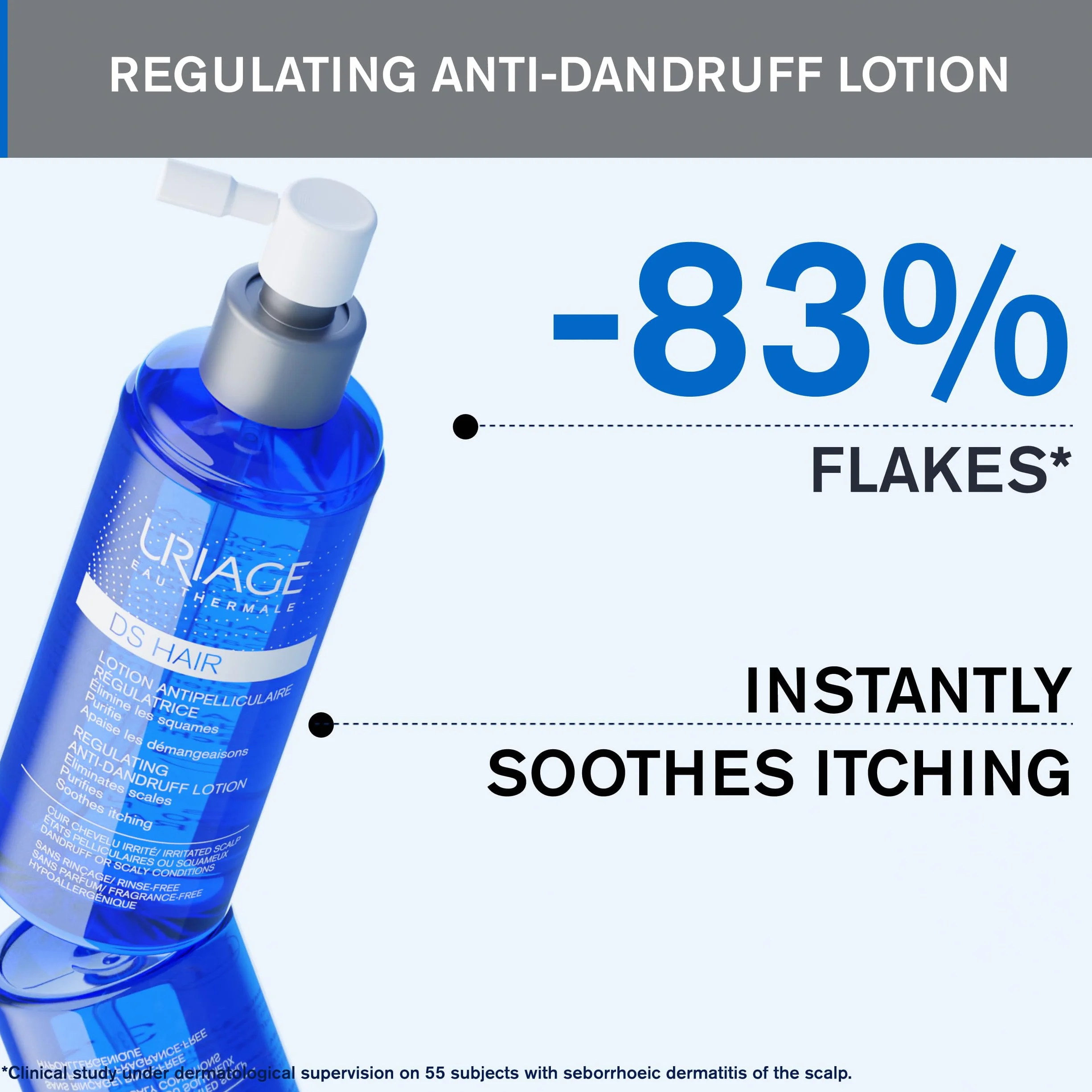 Uriage DS Hair Anti-Dandruff Lotion with Puroctone Olamine & Cade Essential Oil - Reduces Flakes & Instantly Soothes Itching - For Severe Dandruff & Irritated Scalp - Fragrance-free - 100 ml