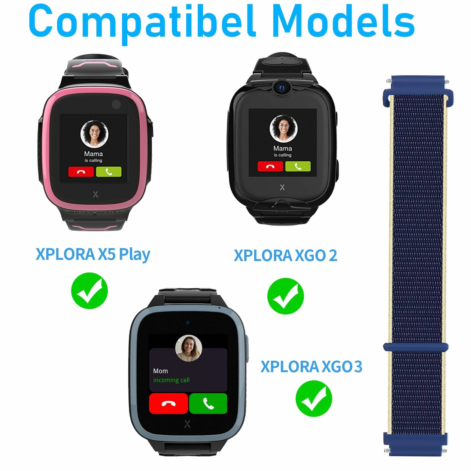 Xplora Xplora X5 Nylonowa bransoletka kompatybilna z Xplora Kids Smartwatch z zapięciem na rzepy, dla dziewcząt i chłopców, regulowana, pleciona, zamienna do Xplora X5 Play / XGO 2