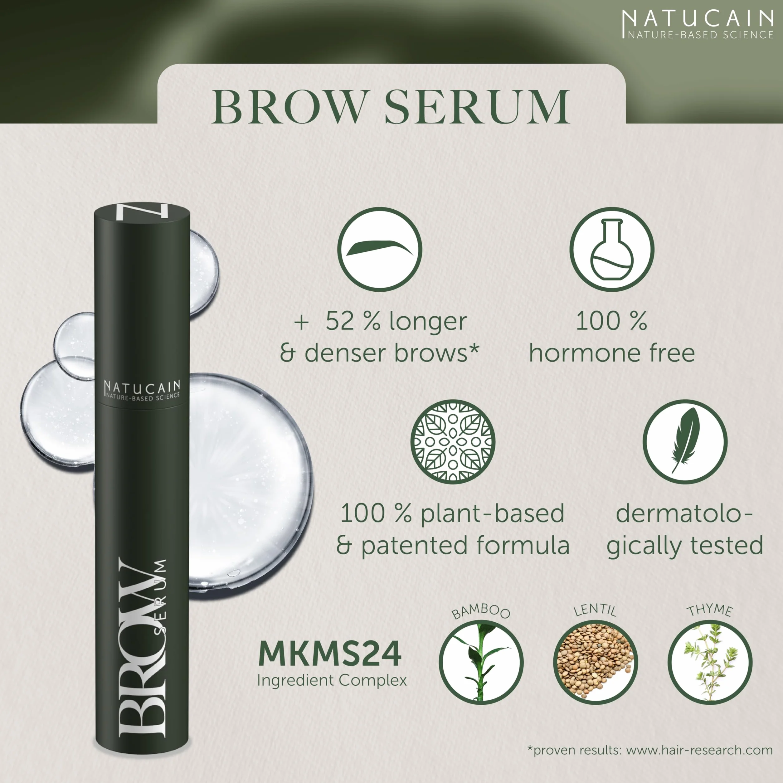 Natucain Eyebrow growth Serum dla doskonałych brwi 6.2ml Serum do wzrostu brwi 0 Hormony 100% Naturalne pochodzenie I 6-8 tygodni