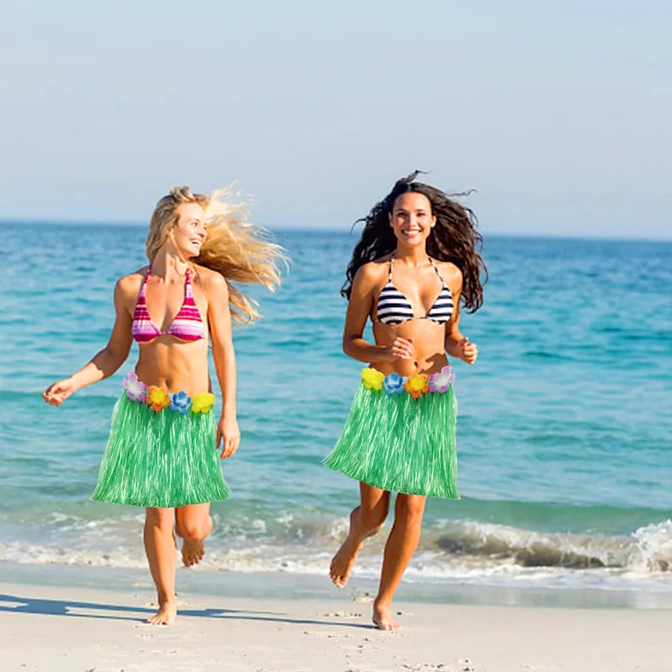 Hula spódnica z trawy, zestaw sukienek do tańca hawajskiego Leis z kwiatem, elastyczna spódnica, kolorowa/zielona słomka, do hawajskiej plaży Aloha, na lato, na imprezę, 6 szt