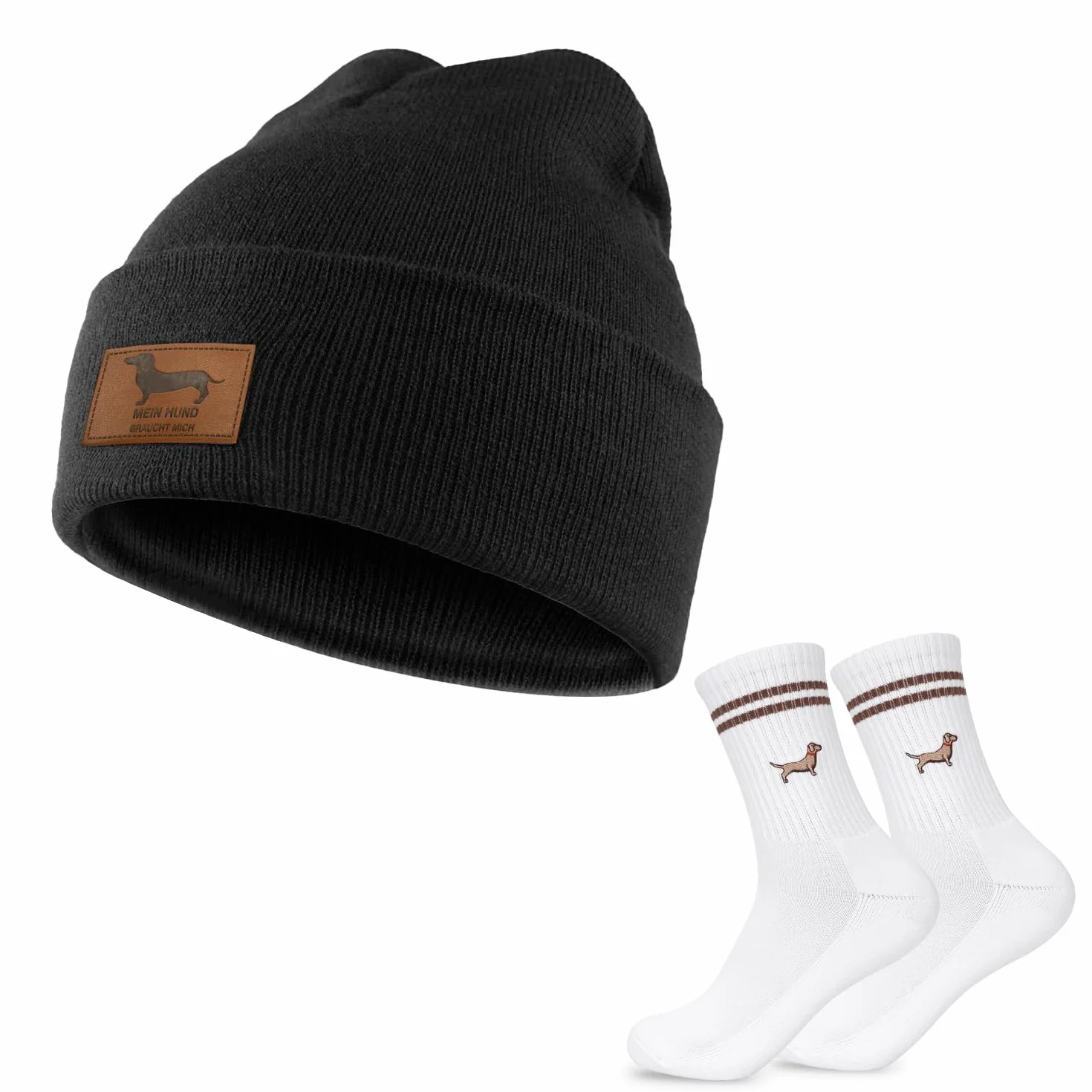 Jamnik zestaw prezentowy ze skarpetkami czapka z dzianiny, prezenty dla właścicieli psów, jamnik czapka z dzianiny beanie, jamnik skarpetki skarpetki tenisowe skarpetki sportowe, prezent dla