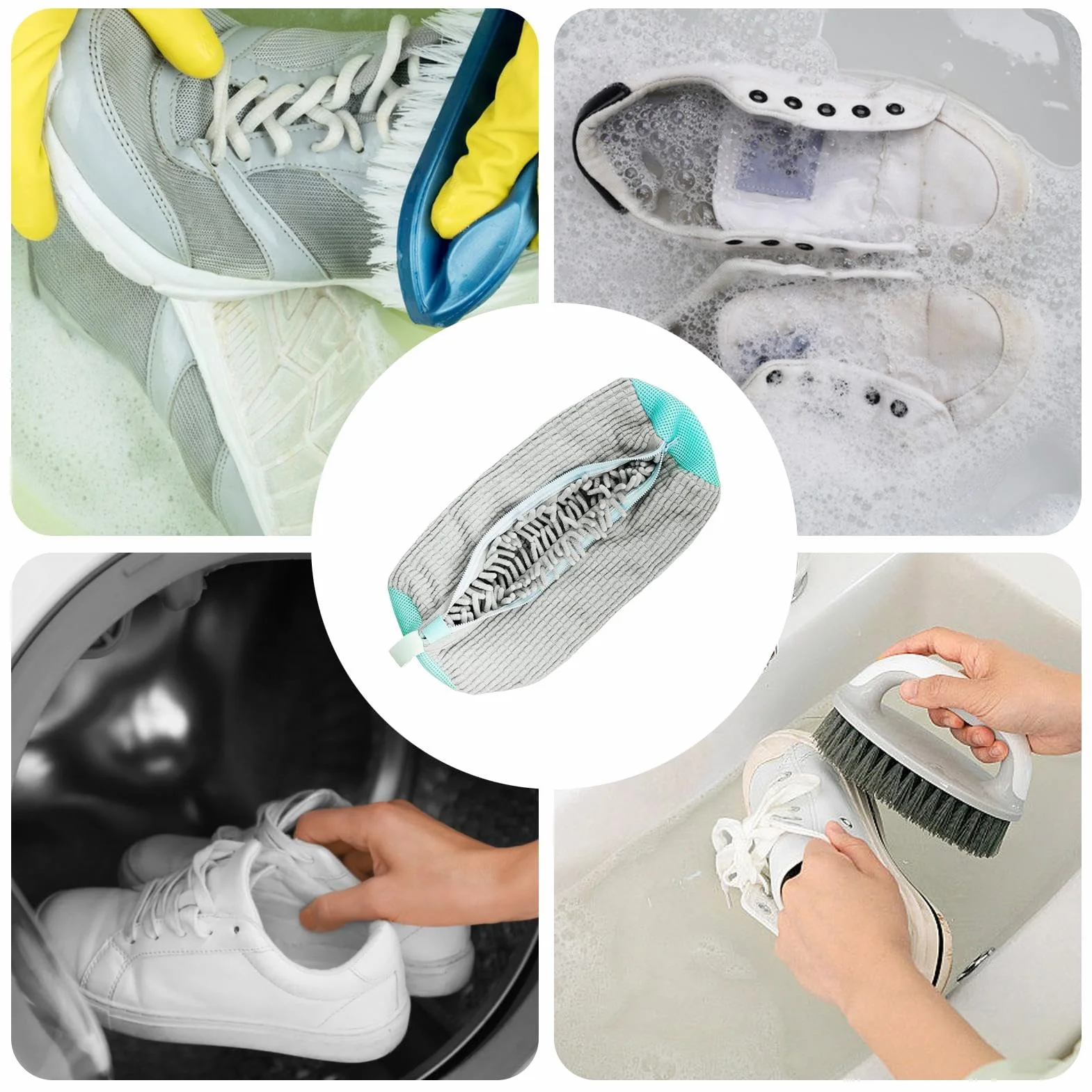 Worek na pranie z siatką do prania ze szczotkami – worek na pranie z zamkiem błyskawicznym do butów typu sneaker – 360° czyszczenie odporne na zwijanie, worek na buty do pralki i suszarki