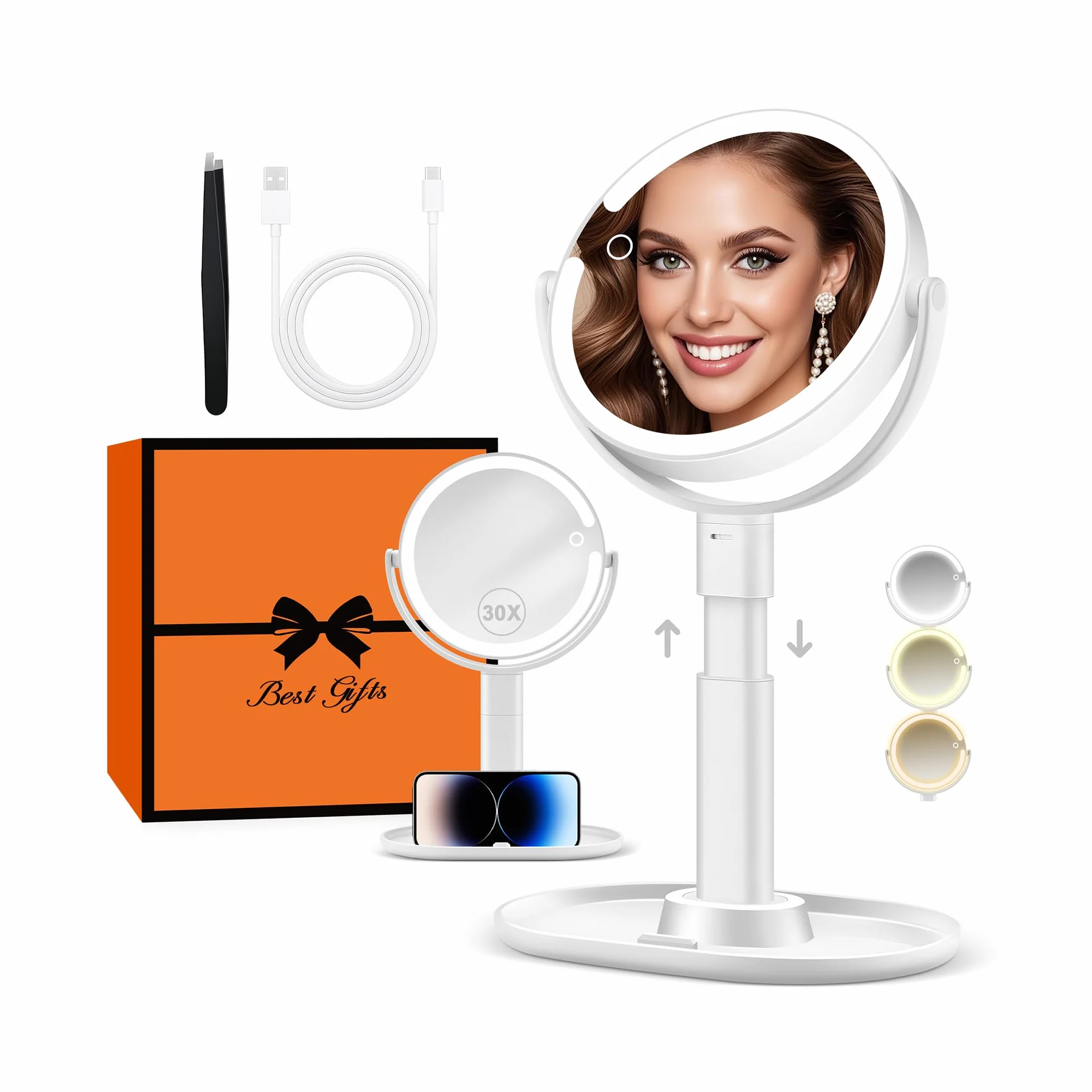 Beauty Planet Podświetlane lusterko do makijażu 20x powiększenie 3 kolory LED ściemniane regulacja wysokości