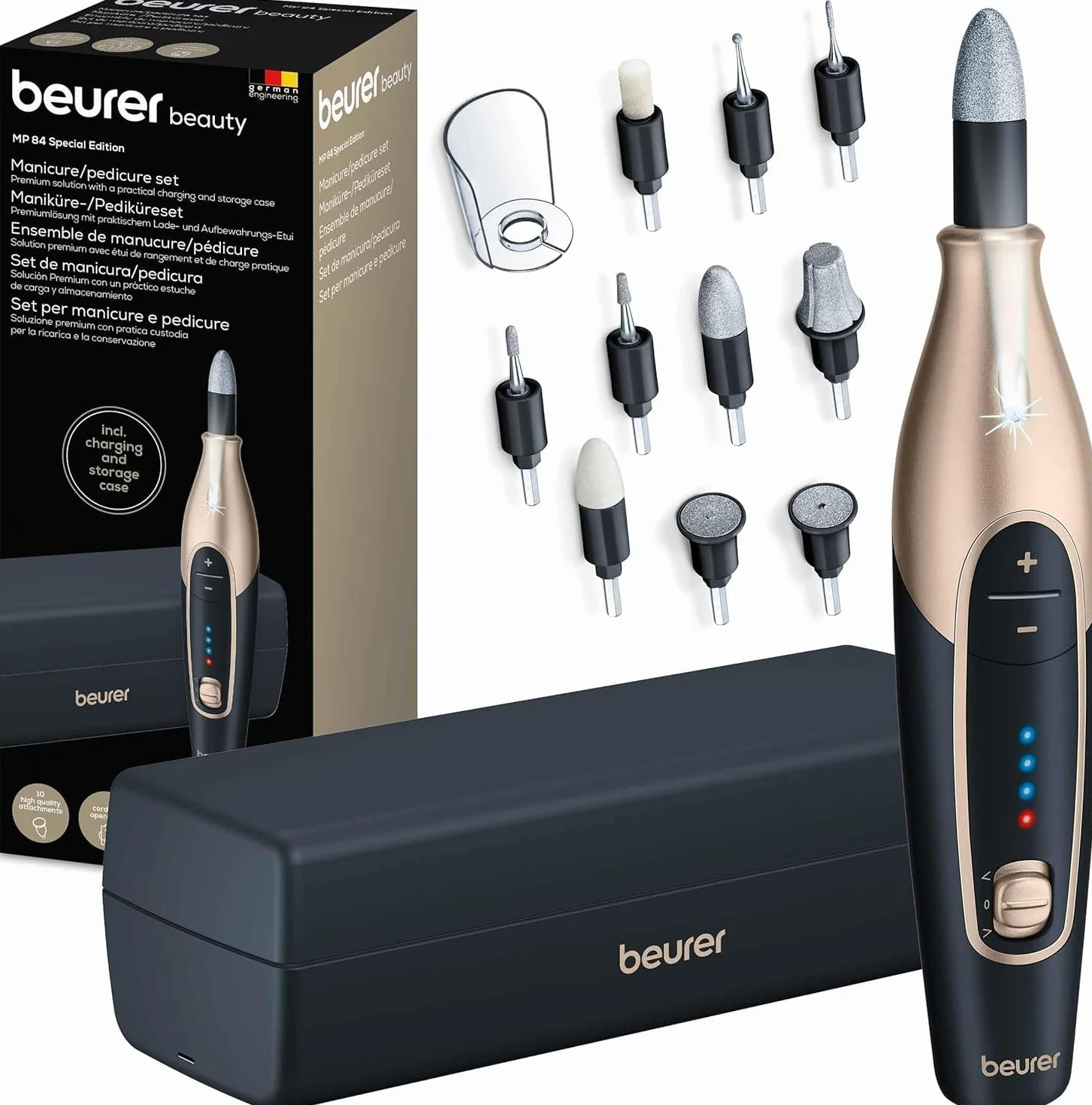 Beurer MP 84 Special Edition elektryczna frezarka do paznokci, zestaw manicure-pedicure, 10 nasadek, LED, etui, 4400 obr./min, czarny